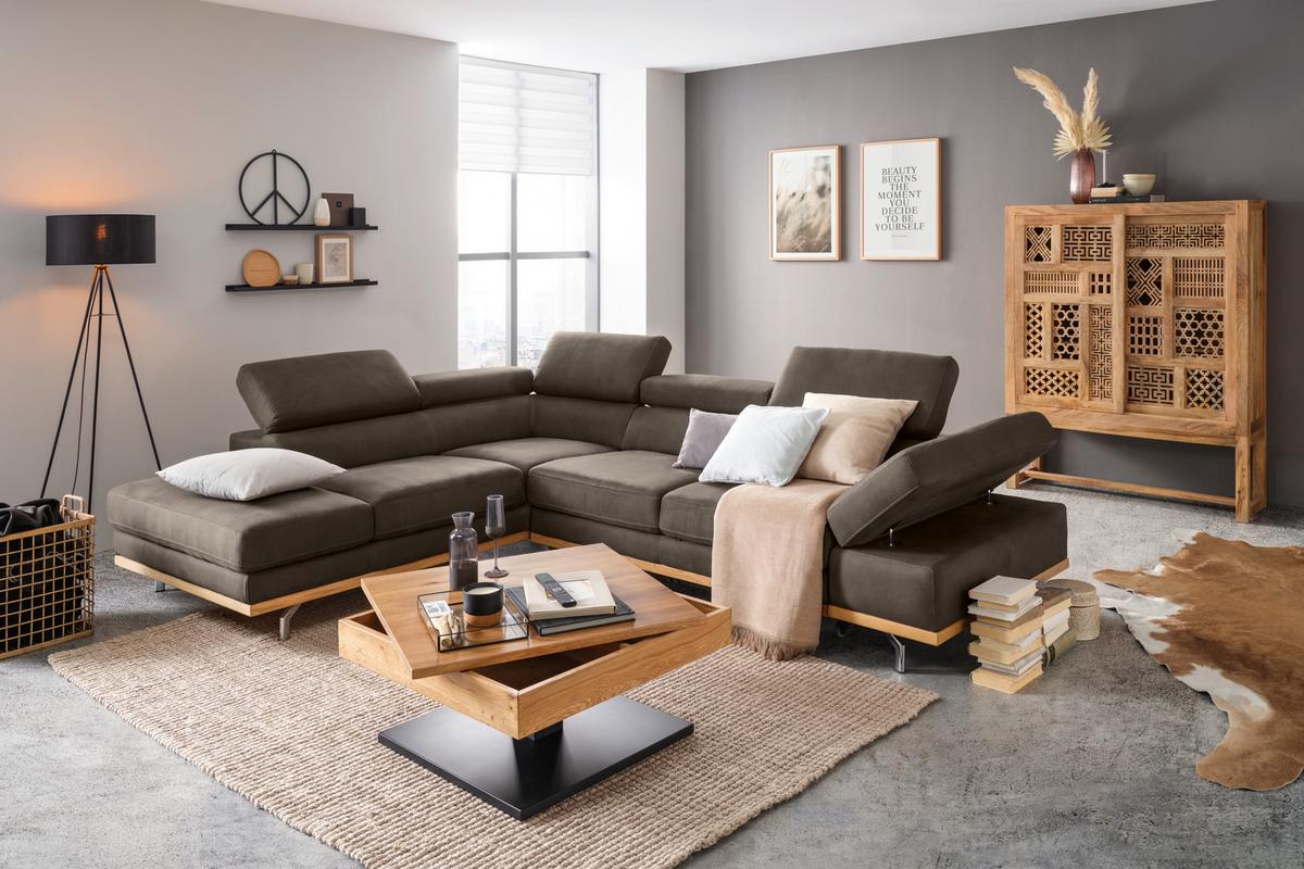 Wohnlandschaft Carmen Graublau - Graublau/Schwarz, MODERN, Leder/Holz (292/72/226cm) - Premium Living