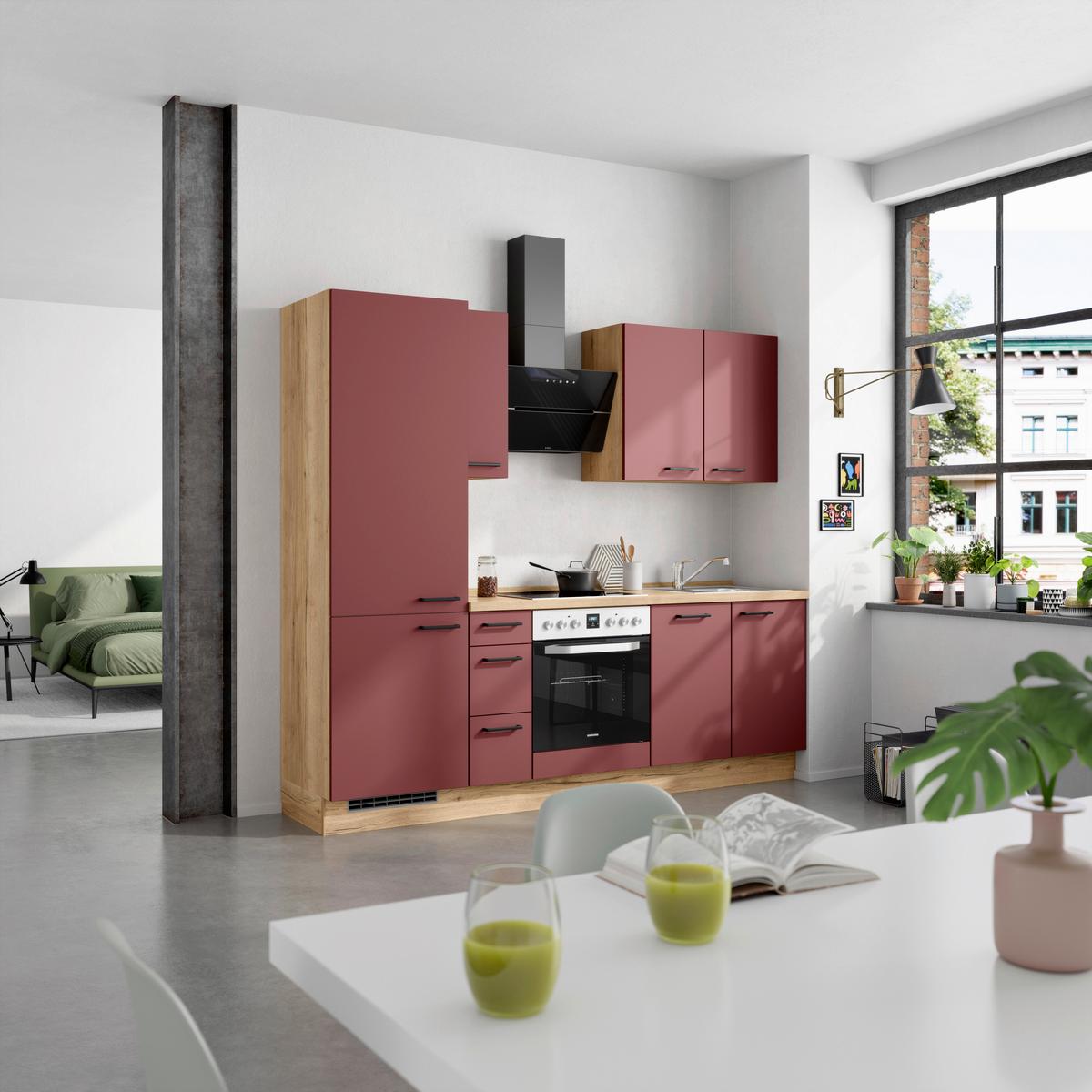 Küchenblock Easytouch High m. Geräten Dunkelrot - Eichefarben/Schwarz, MODERN, Holzwerkstoff/Metall (240cm) - Nobilia
