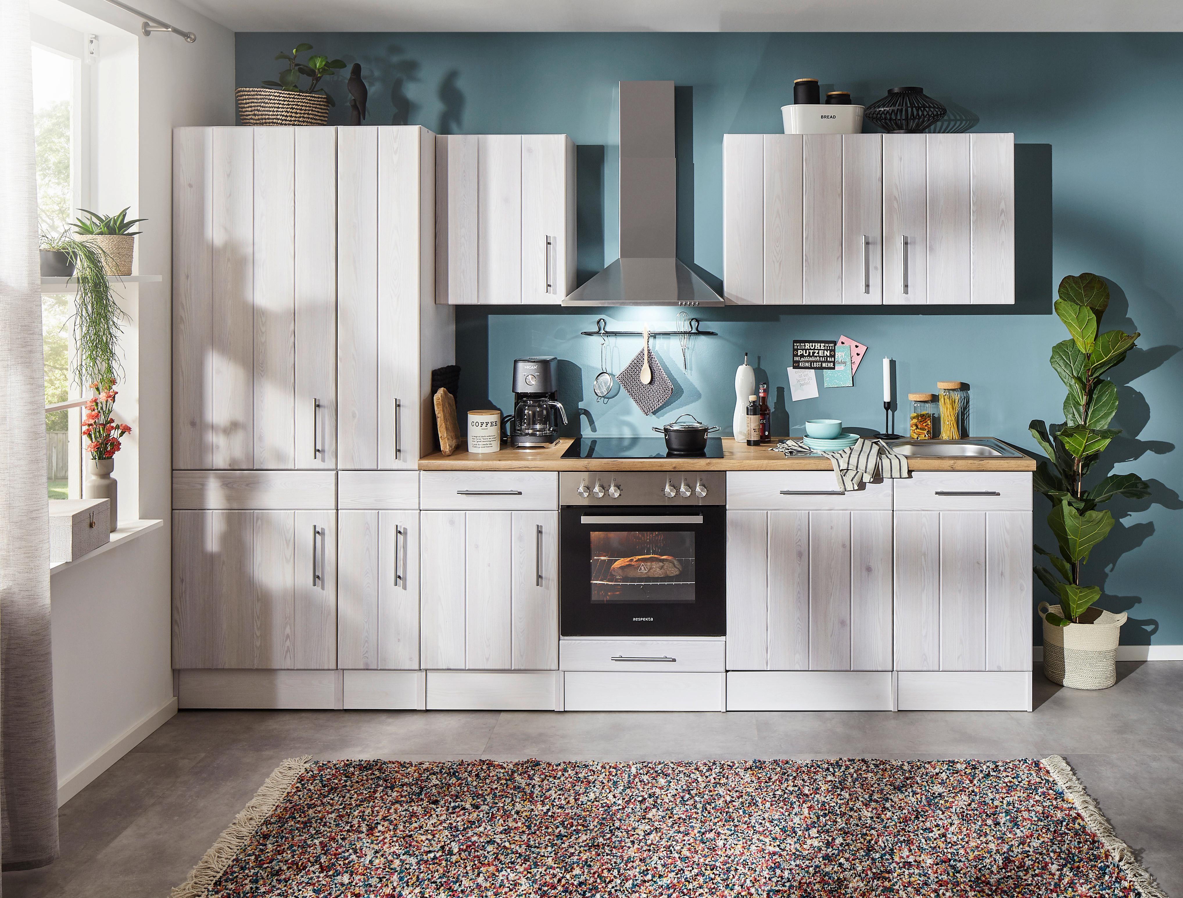 Küchenblock Anton Landhaus ohne Geräte ca. 310 cm Weiß - Wildeiche/Edelstahlfarben, Basics, Holzwerkstoff/Metall (310cm) - Respekta