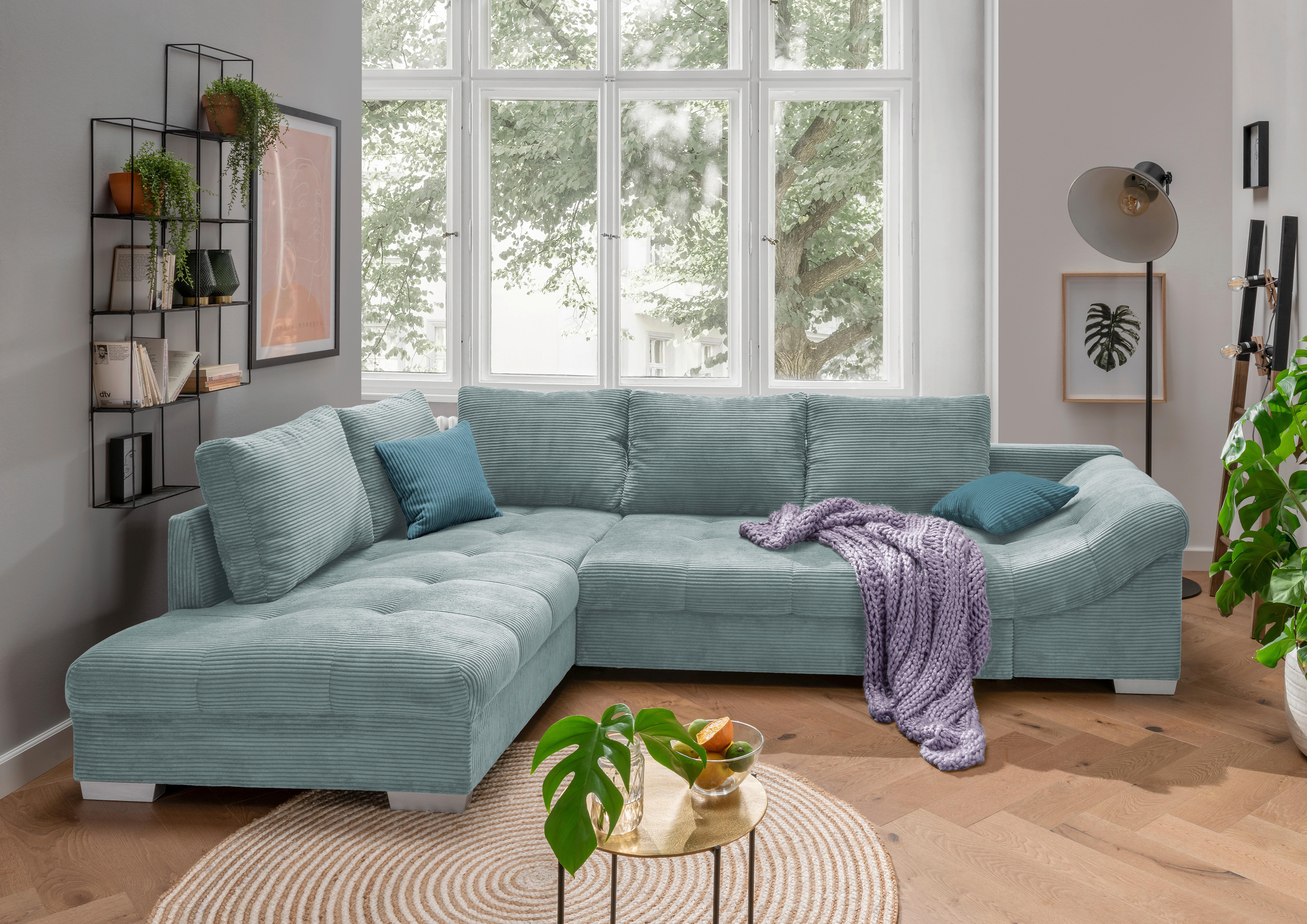 Wohnlandschaft Alvito Hellblau Cord - Silberfarben/Petrol, Design, Holz/Textil (202/298cm) - MID.YOU