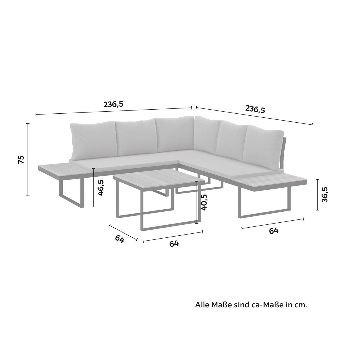 Loungegarnitur Elia Grau Outdoorstoff/Metall/Holz - Hellgrau, MODERN, Holz/Textil (236,5/75/236,5cm) - Bessagi Garden