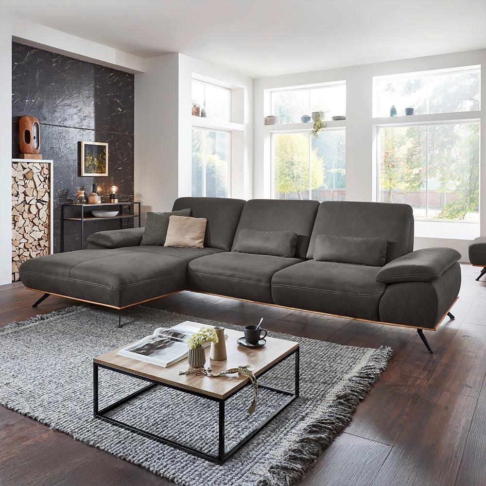 Wohnlandschaft Erling Dunkelgrau - Dunkelgrau/Beige, MODERN, Leder/Metall (187/89/322cm) - Premium Living