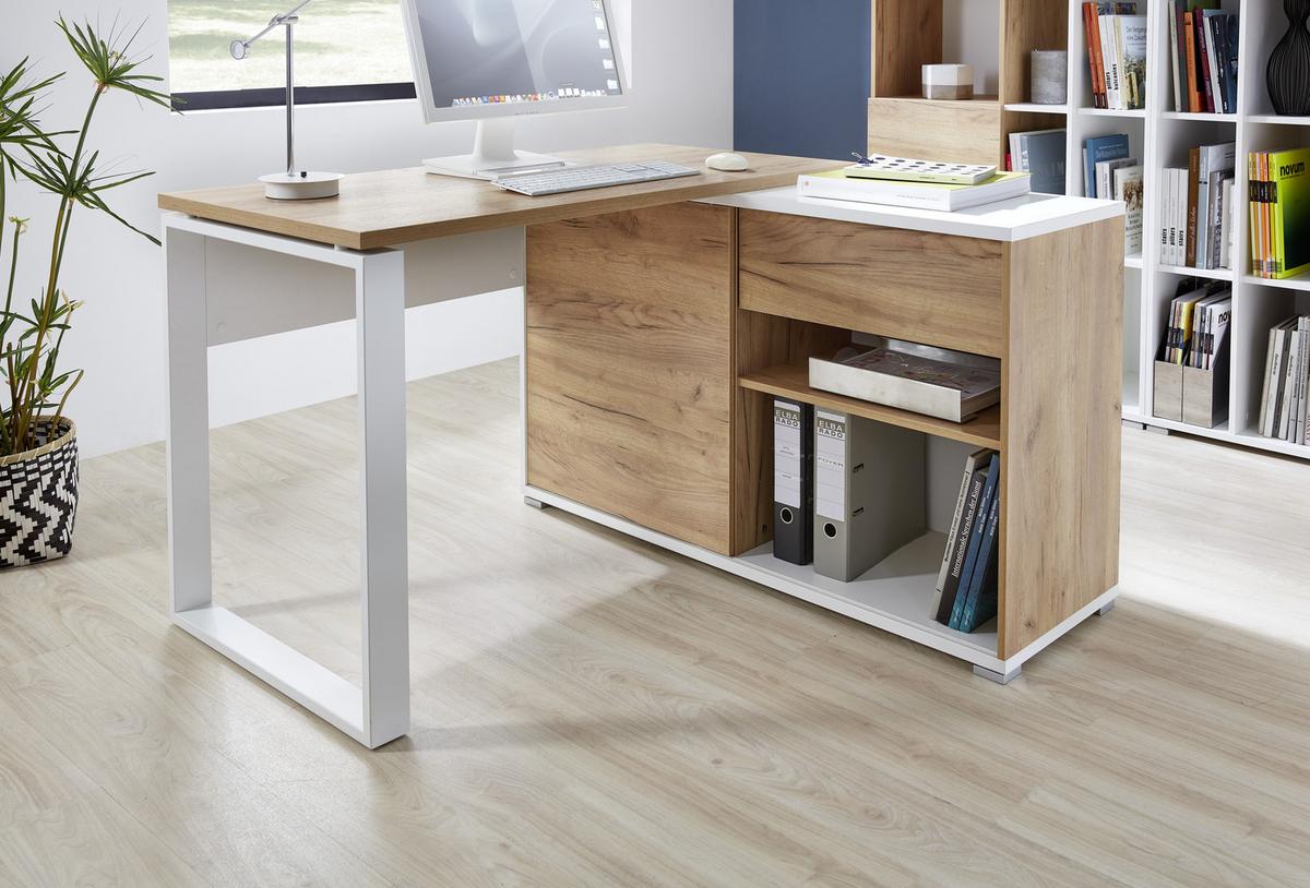 Eckschreibtisch mit Stauraum B 120cm H 117cm GW-Lioni Eiche - Eichefarben/Weiß, Design, Holzwerkstoff/Metall (120/75/117cm) - Germania