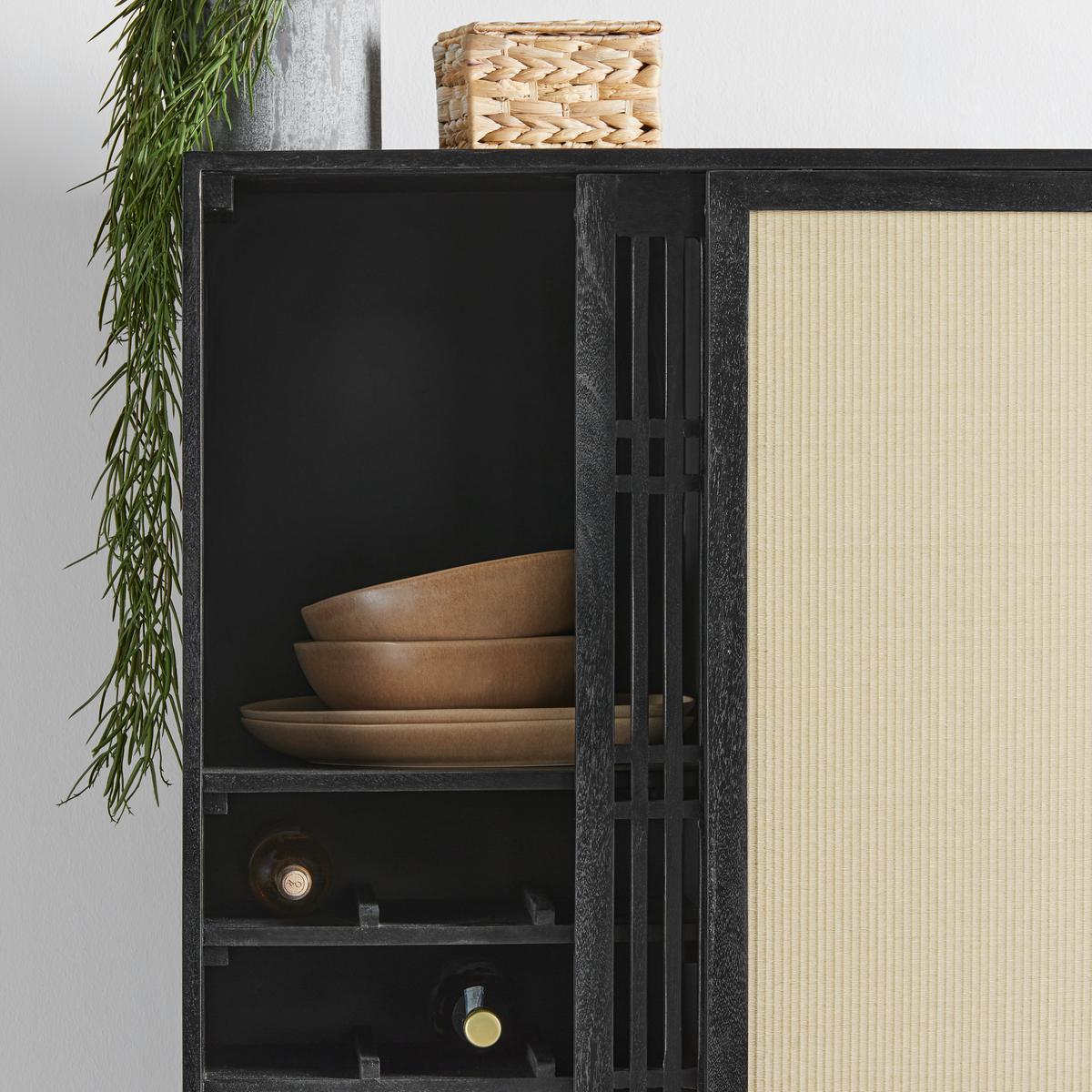 Highboard Zen in Naturfarben/Schwarz - Schwarz/Naturfarben, MODERN, Naturmaterialien/Holz (90/166/45cm) - Premium Living