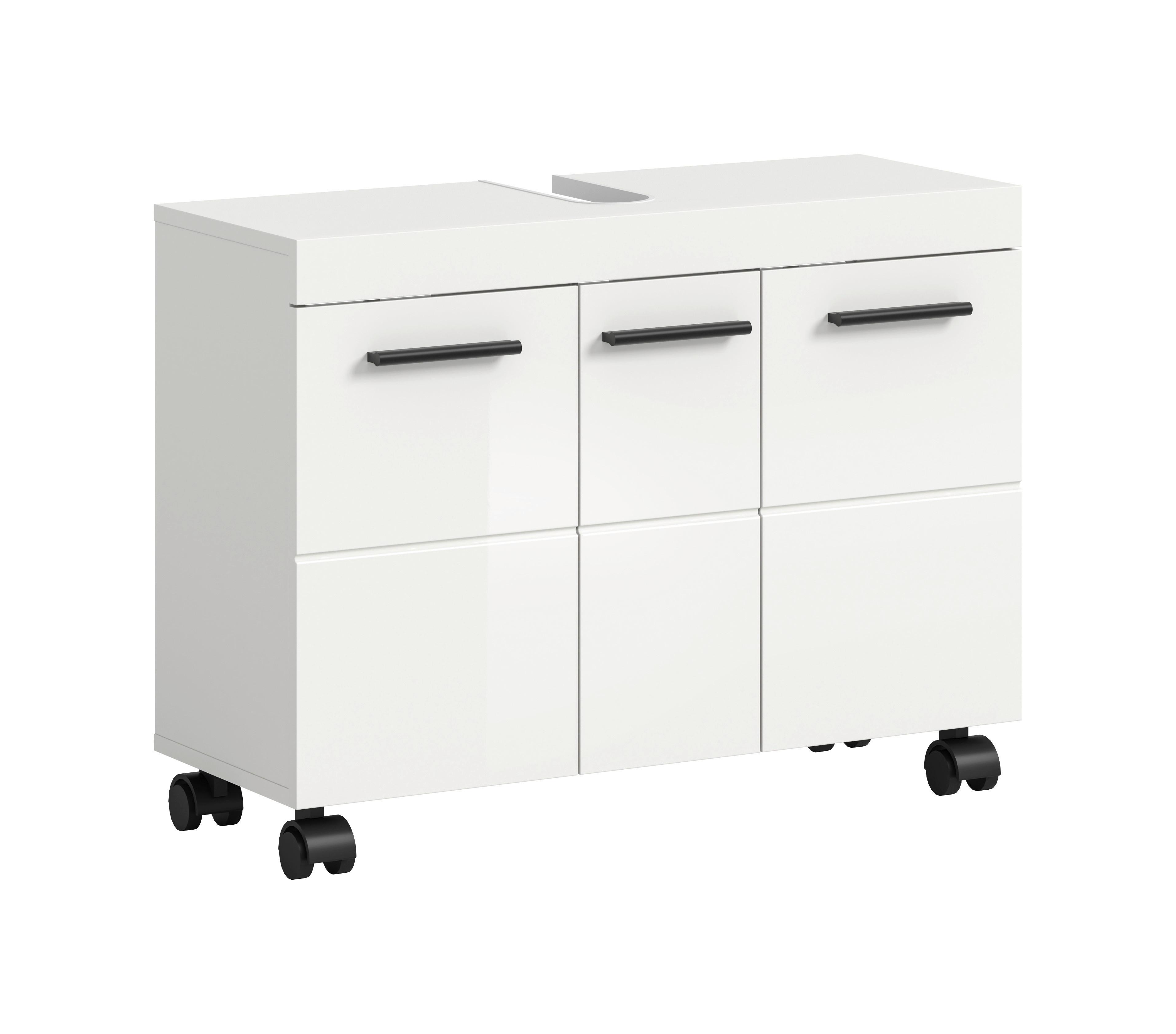 Waschbeckenunterschrank NOVA Weiß Hochglanz - Weiß Hochglanz/Schwarz, Trend, Holzwerkstoff/Kunststoff (80/58/30cm) - MID.YOU