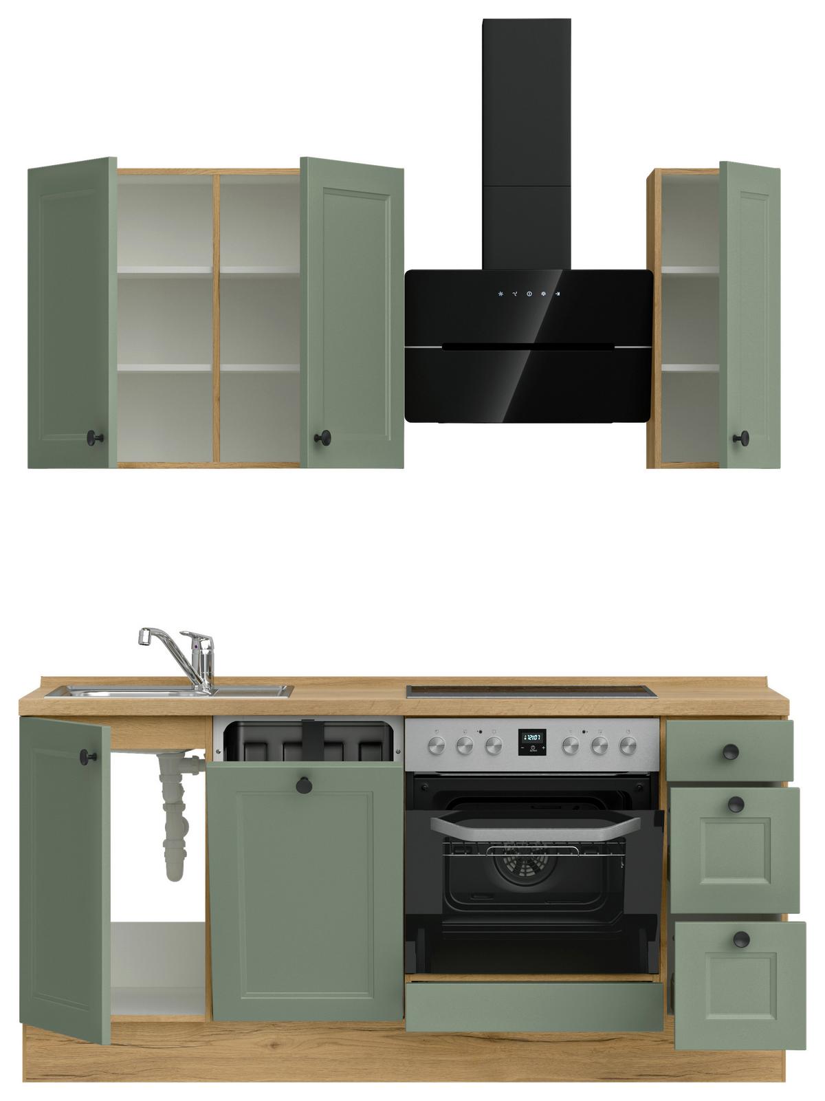 Küchenblock Cascada High m. Geräten Schilfgrün - Schilfgrün/Eichefarben, MODERN, Holzwerkstoff/Metall (180cm) - Nobilia