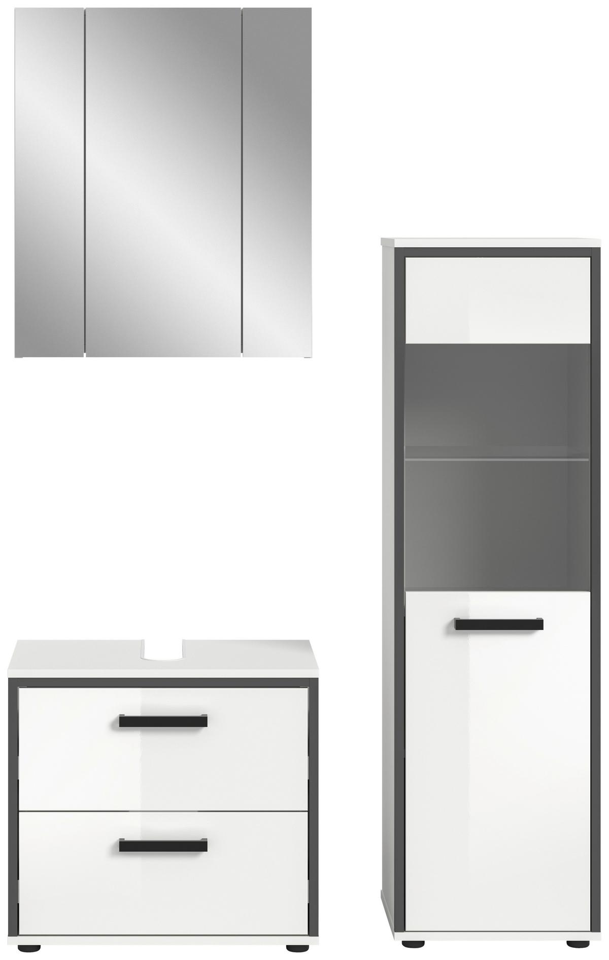 Badezimmer Kojak 3-tlg. Weiß/Anthrazit - Weiß Hochglanz/Schwarz, MODERN, Holzwerkstoff/Kunststoff (100cm) - MID.YOU