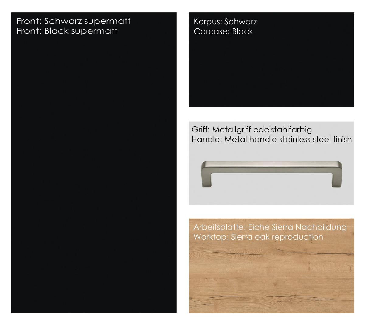 Küchenblock Touch High m. Geräten Schwarz - Edelstahlfarben/Eichefarben, MODERN, Holzwerkstoff/Metall (180cm) - Nobilia