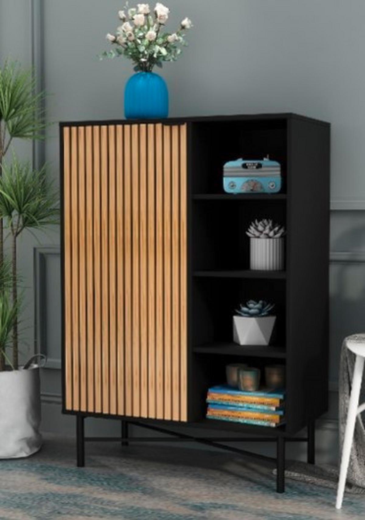 Kommode Madrid Schwarz/Naturfarben massiv - Eichefarben/Schwarz, Modern, Holz/Holzwerkstoff (80/114/40cm) - Mömax