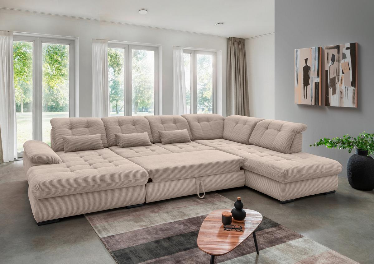 Wohnlandschaft Rigatti Beige Cord mit Bettkasten - Beige/Schwarz, MODERN, Textil/Metall (184/387/252cm) - Livetastic