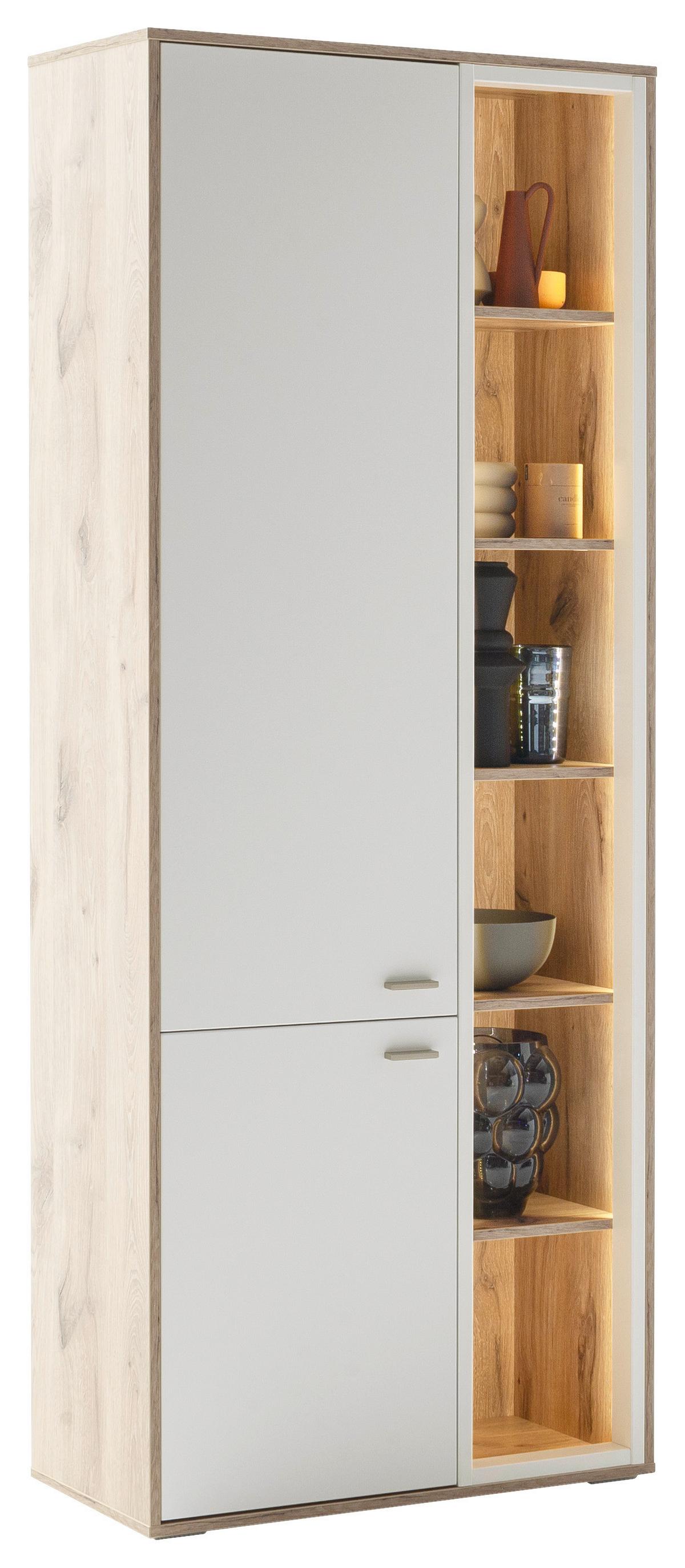 Vitrine Santerno Weiß/Eichefarben - Eichefarben/Weiß, KONVENTIONELL, Holzwerkstoff/Metall (78/197/37cm) - Mömax
