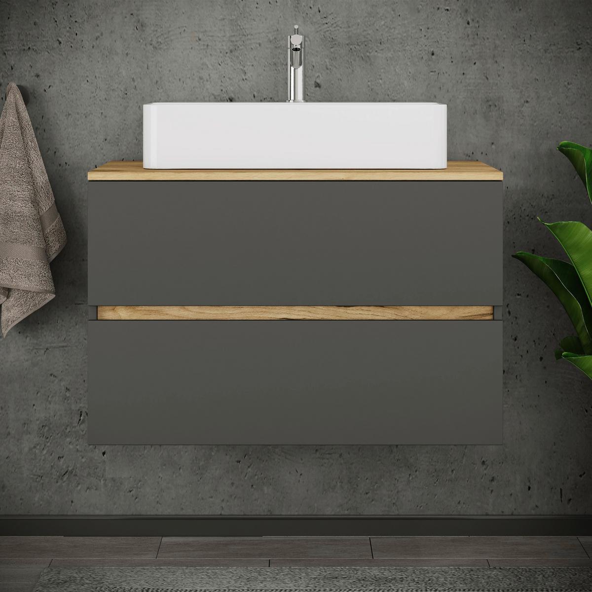 Badezimmer Cosila - Honigeiche/Weiss, Trend, Keramik/Holzwerkstoff (80/64/51cm) - MID.YOU