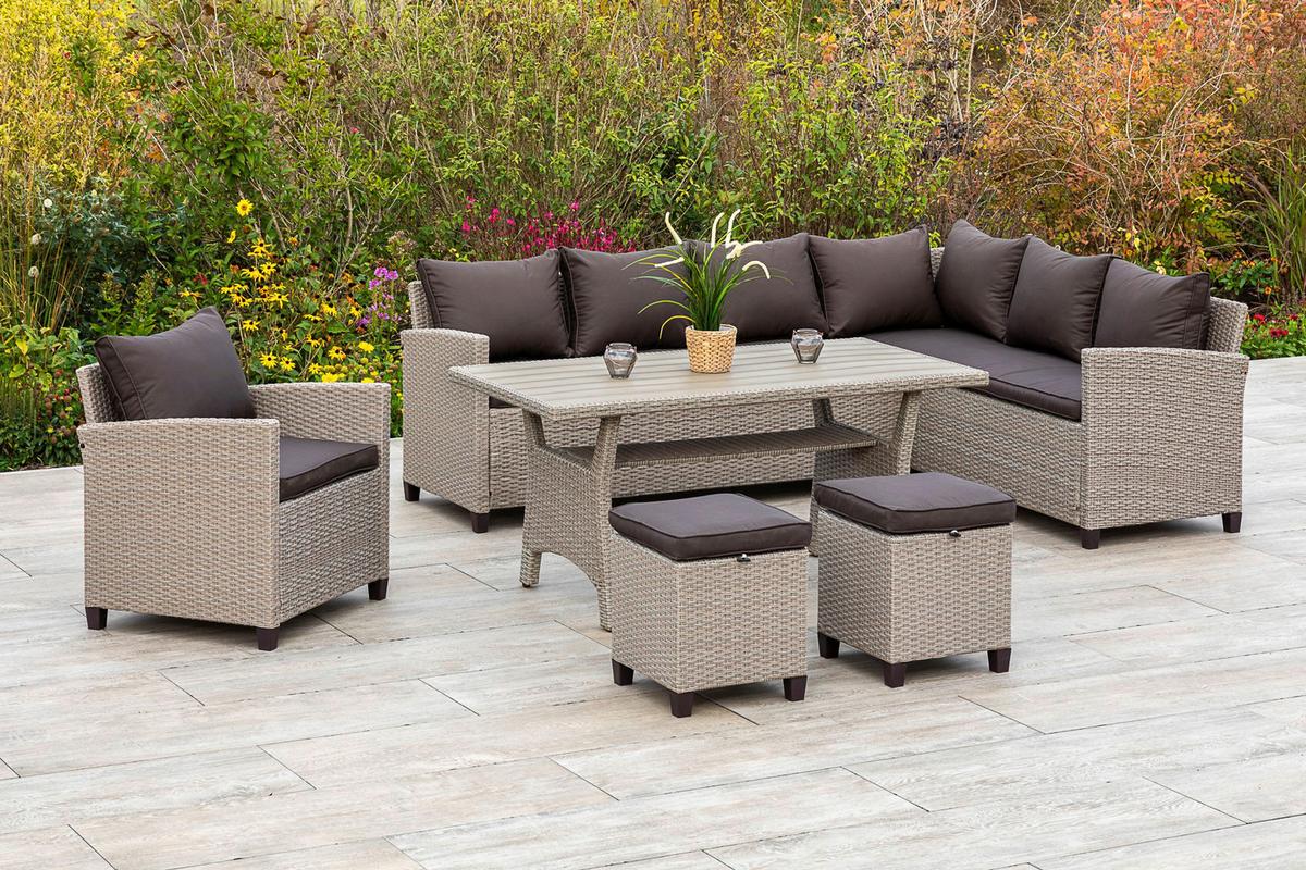 Lounge Garnitura Palma, 5-Delno, Blazine - temno rjava/naravne barve, Konvencionalno, kovina/umetna masa (239/170cm) - Gardenson