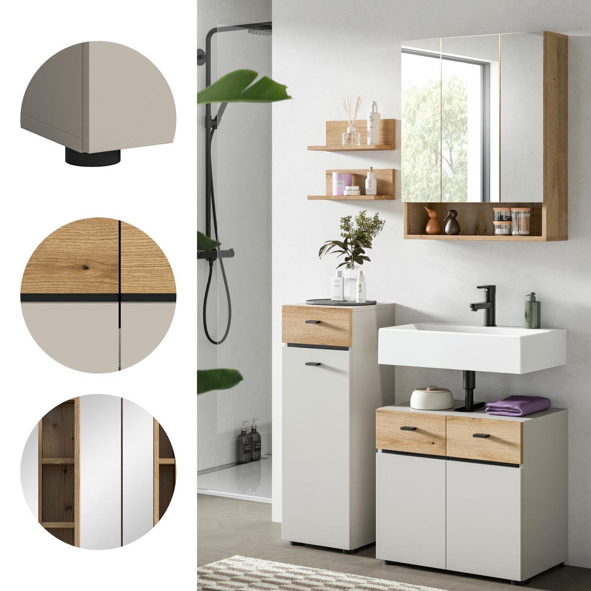 Badezimmer Aqua Eichefarben/Kaschmir 4-teilig - Kaschmir/Eichefarben, Trend, Glas/Holzwerkstoff (92cm) - MID.YOU