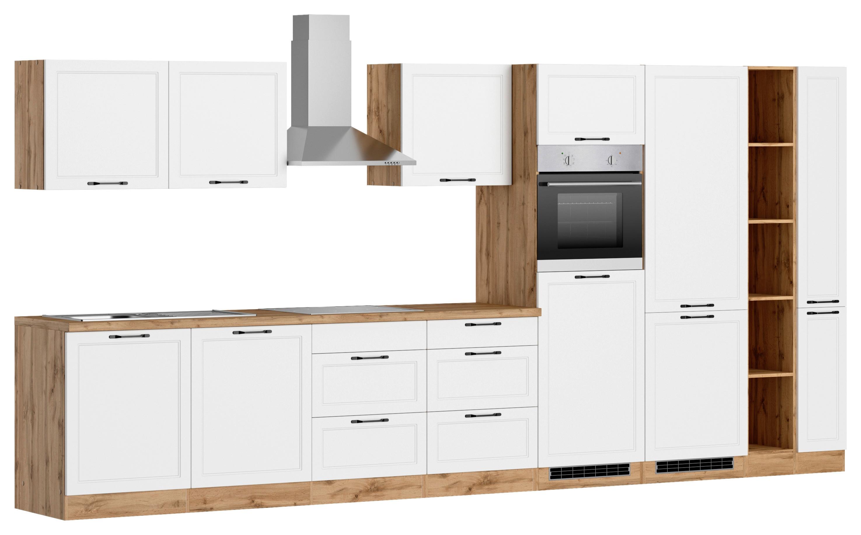 Küchenzeile Meran mit Geräten ca. 420 cm Weiß/Eiche Dekor - Eiche Wotan/Schwarz, LIFESTYLE, Holzwerkstoff/Metall (420cm) - Held