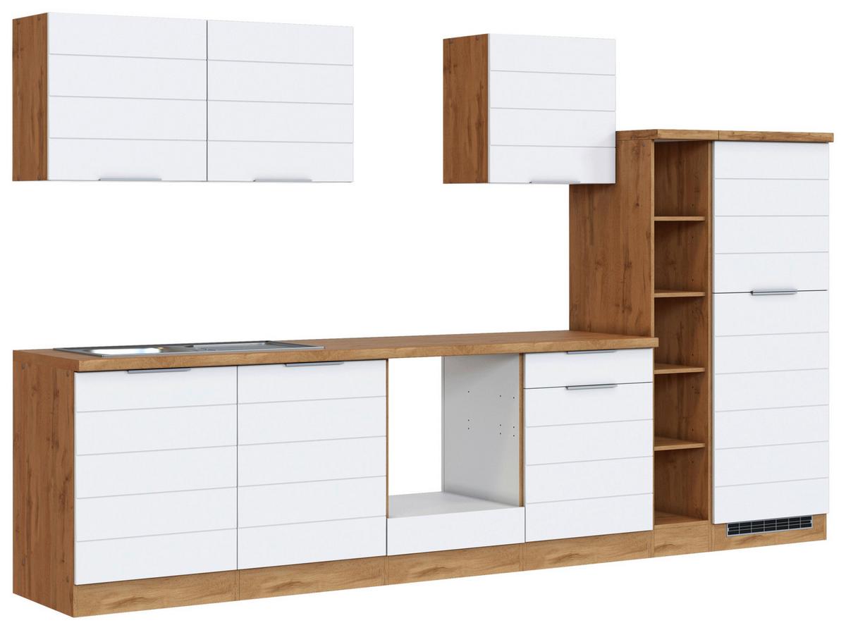 Küchenblock Florenz ohne Geräte ca. 330 cm Weiß/Eiche - Eiche Wotan/Weiß, Design, Holzwerkstoff/Metall (330cm) - Held