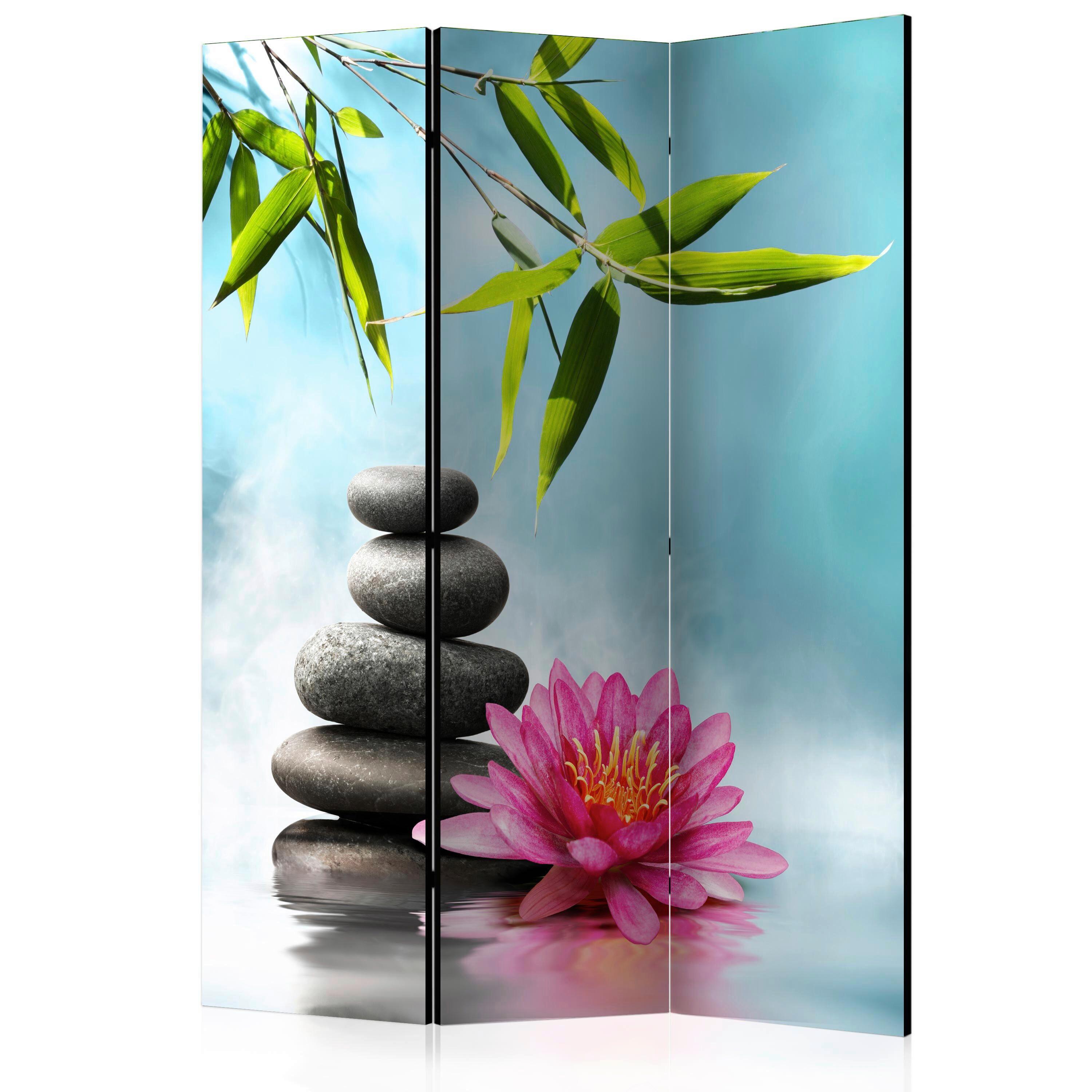 Paravan Water Lilly And Zen Stones, 3-Delni, Dvostranski - svetlo modra/zelena, Basics, tekstil/les (135/172/3cm) - artgeist