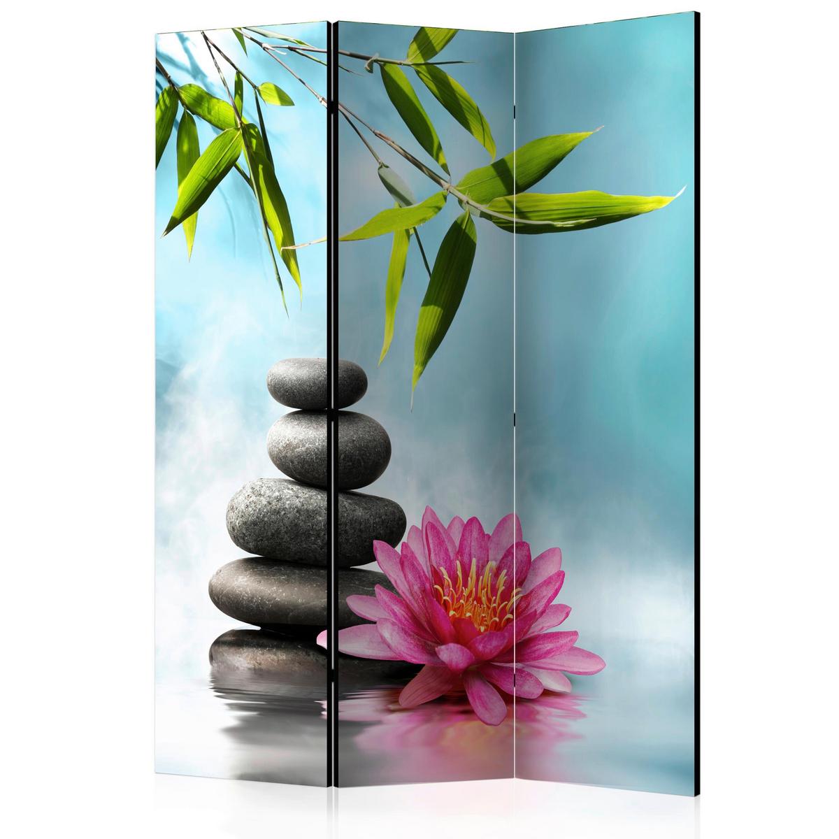 Paravan Water Lilly And Zen Stones, 3-Delni, Dvostranski - svetlo modra/zelena, Basics, tekstil/les (135/172/3cm) - artgeist