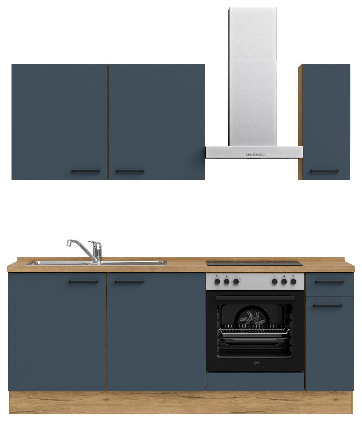 Küchenblock Easytouch Low m. Geräten Blau - Blau/Eichefarben, MODERN, Holzwerkstoff/Metall (210cm) - Nobilia