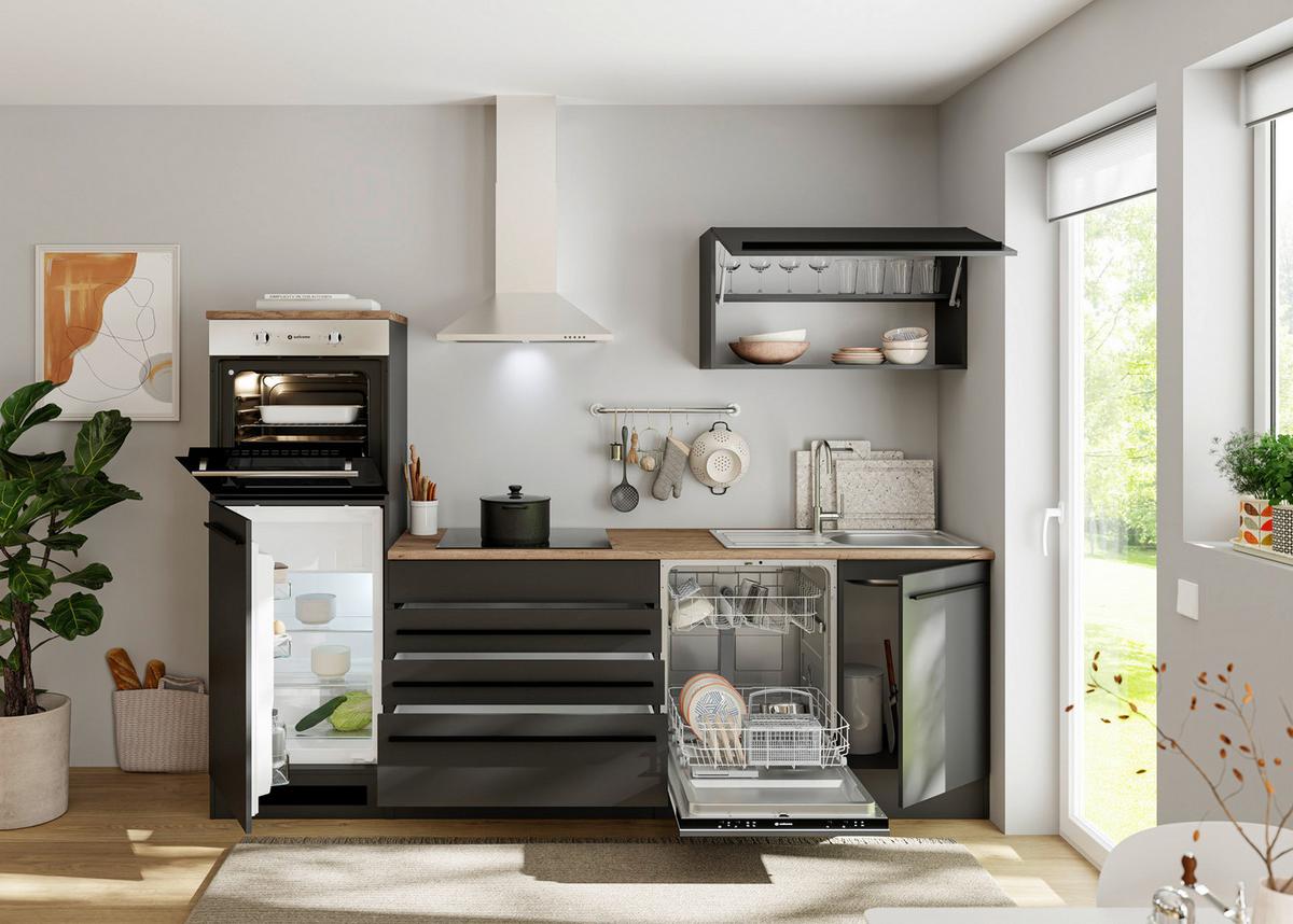 Konyhablokk Gépek Nélkül Jazz 6 - tölgyfa színű/fekete, Modern, faalapú anyag (260/200/60cm) - Modern Living
