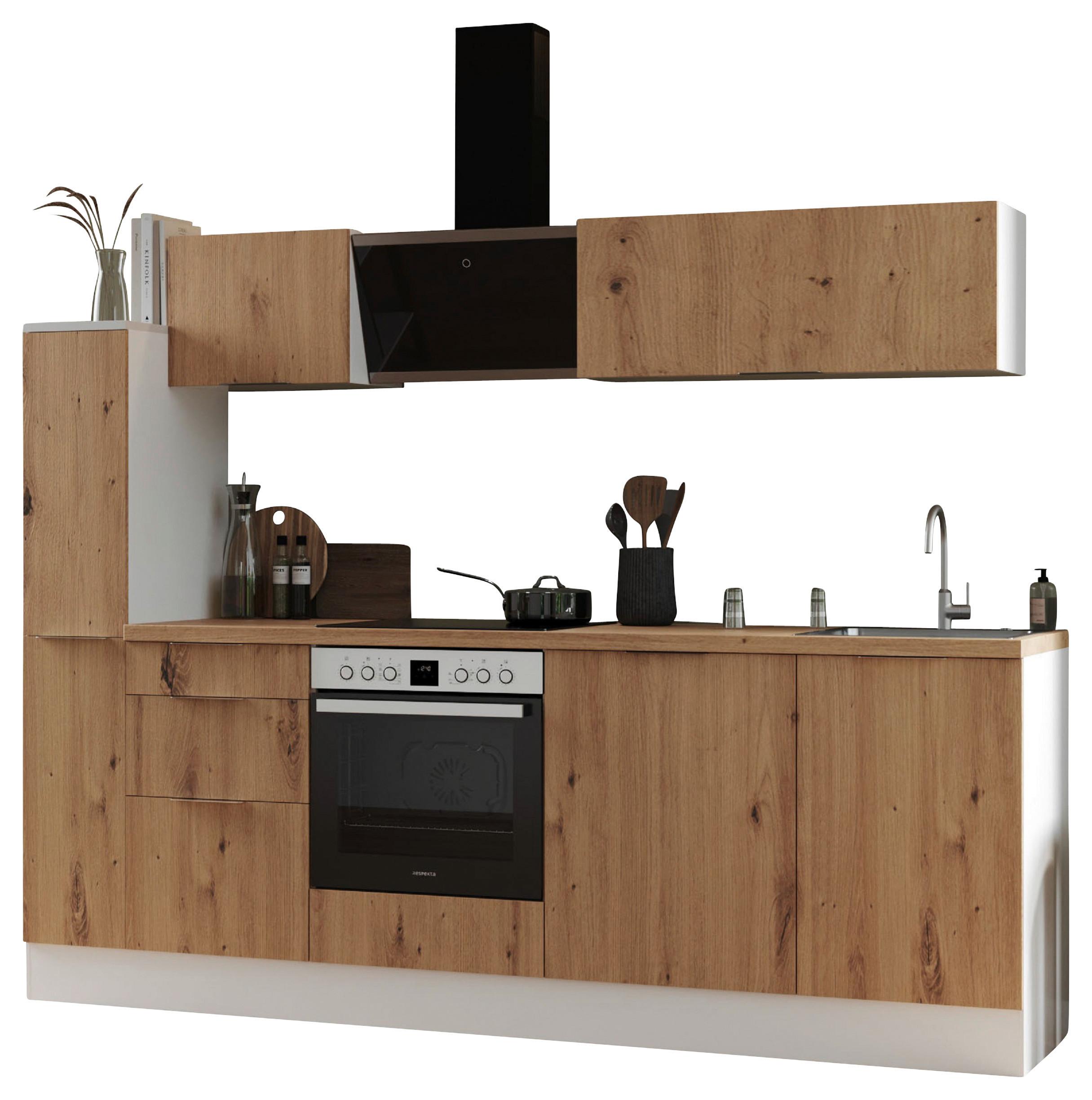 Küchenblock Elisabeth mit Geräten Eiche ca. 280 cm - Alufarben/Eiche Artisan, LIFESTYLE, Holzwerkstoff/Metall (250cm) - Respekta