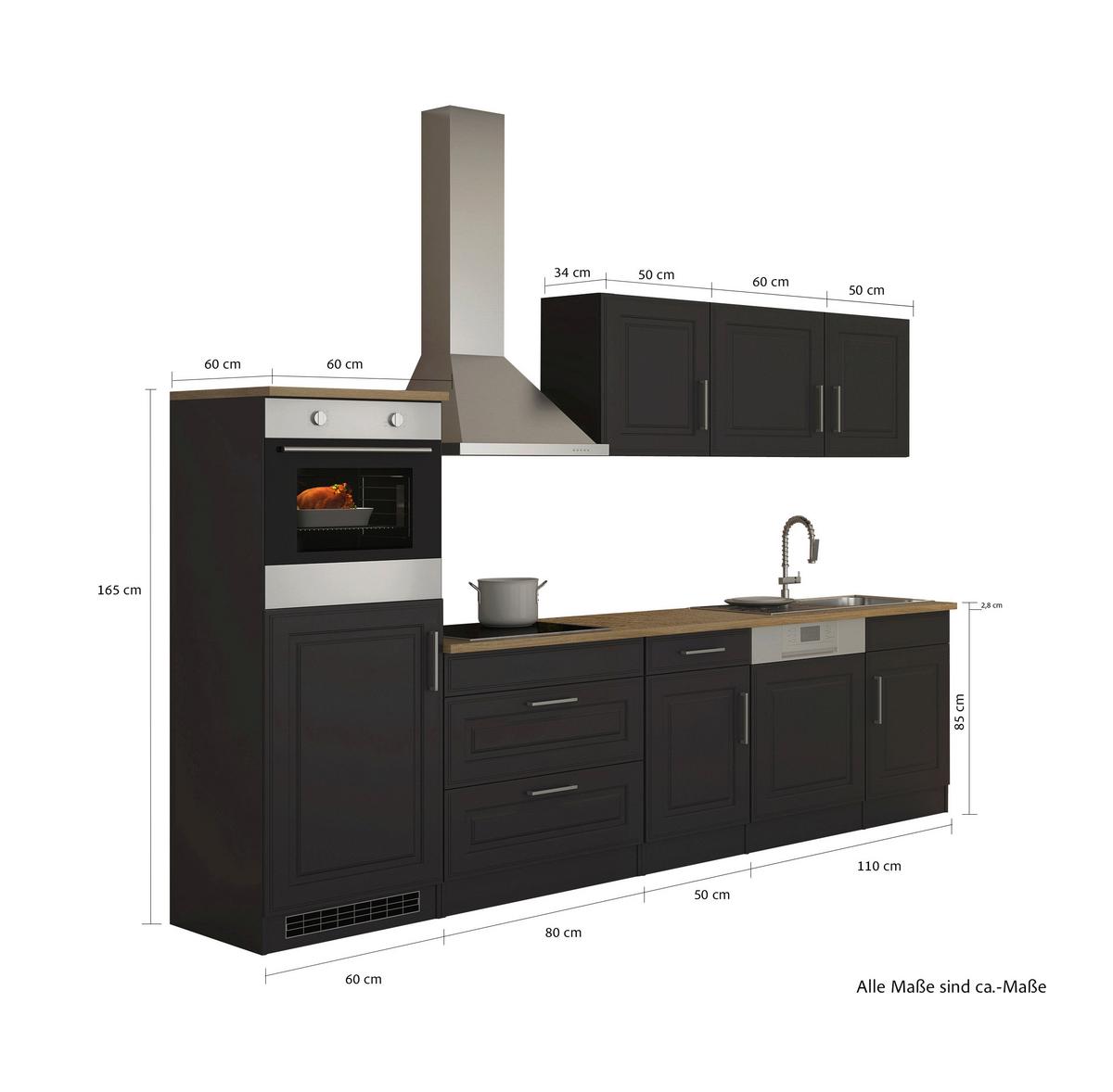 Küchenblock Rom m. Geräten Graphit/Eiche - Graphitfarben/Alufarben, MODERN, Holzwerkstoff/Metall (300cm) - Held