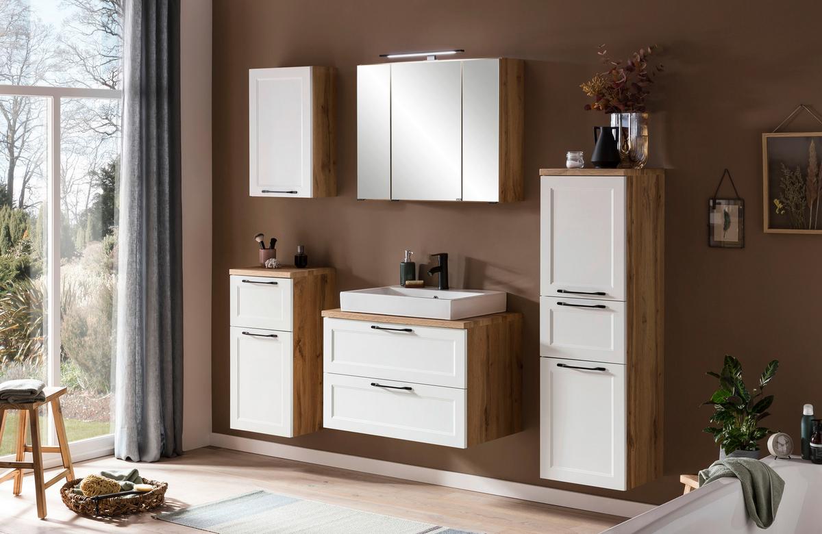 Waschtischkombi in Weiss/Eichefarben - Weiss/Eiche Wotan, Romantik / Landhaus, Keramik/Holzwerkstoff (80/66/47cm) - Mömax