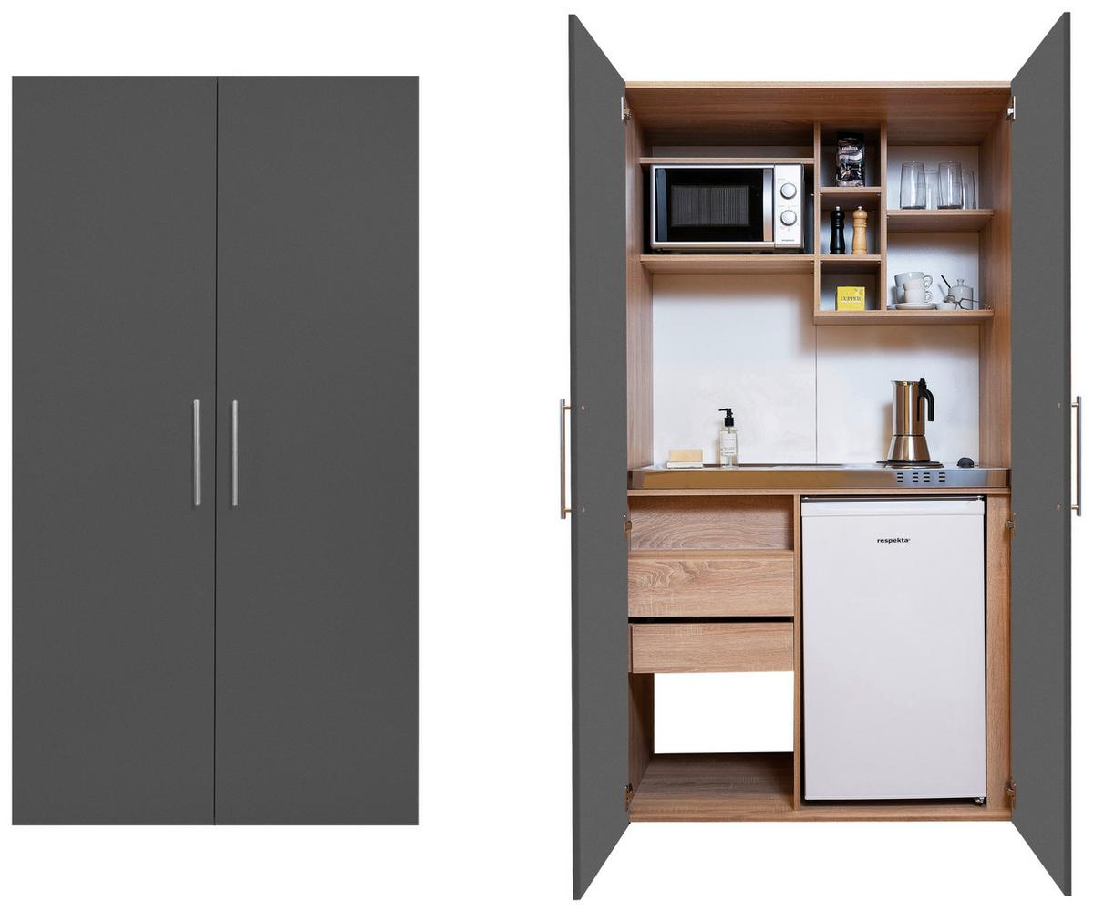 Schrankküche Grau Kühlschrank + Kochfeld B: ca. 104 cm - Edelstahlfarben/Eichefarben, KONVENTIONELL, Holzwerkstoff/Metall (104/193/67cm) - Respekta