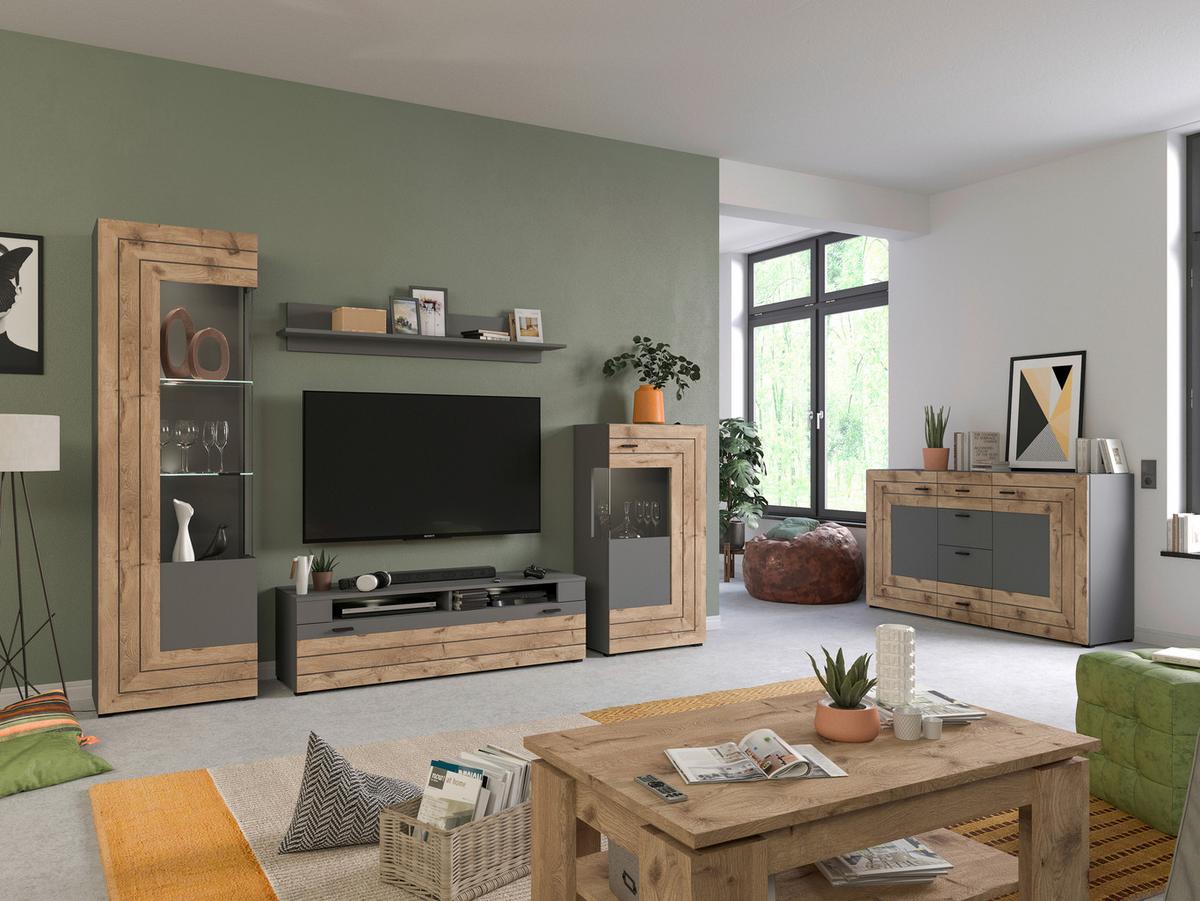Vitrine Freno ca. 60x194 cm Nox Eiche/Grau - KONVENTIONELL, Glas/Holzwerkstoff (60/194/37cm) - MID.YOU