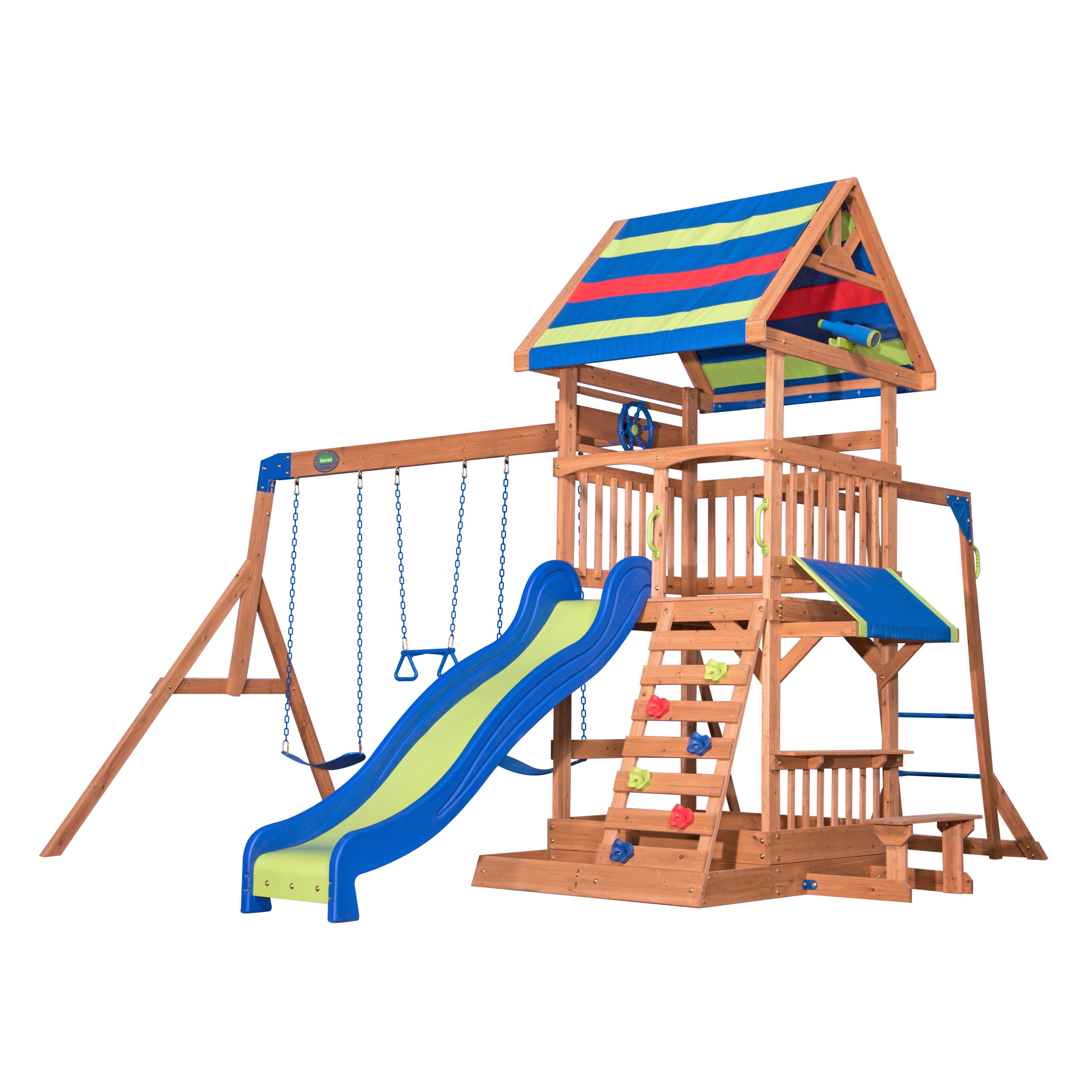 Spielturm Northbrook aus Zeder Massiv - Blau/Rot, Basics, Holz (429,3/299,7/136,9cm) - Ambia Garden