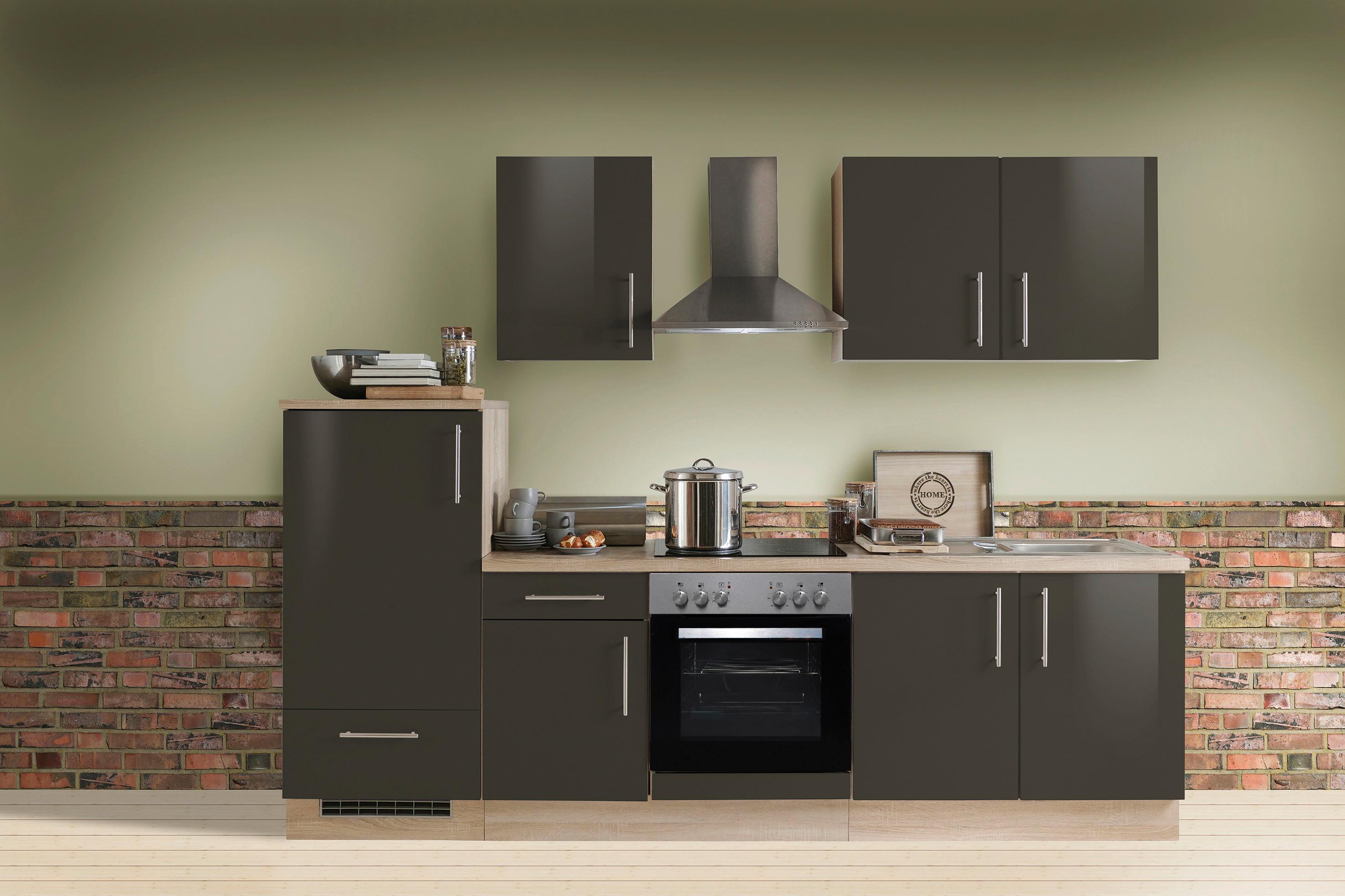Menke Küchenblock Premium Dunkelbraun/Eiche ca. 270 cm - Dunkelbraun/Silberfarben, KONVENTIONELL, Holzwerkstoff/Metall (270cm) - Menke