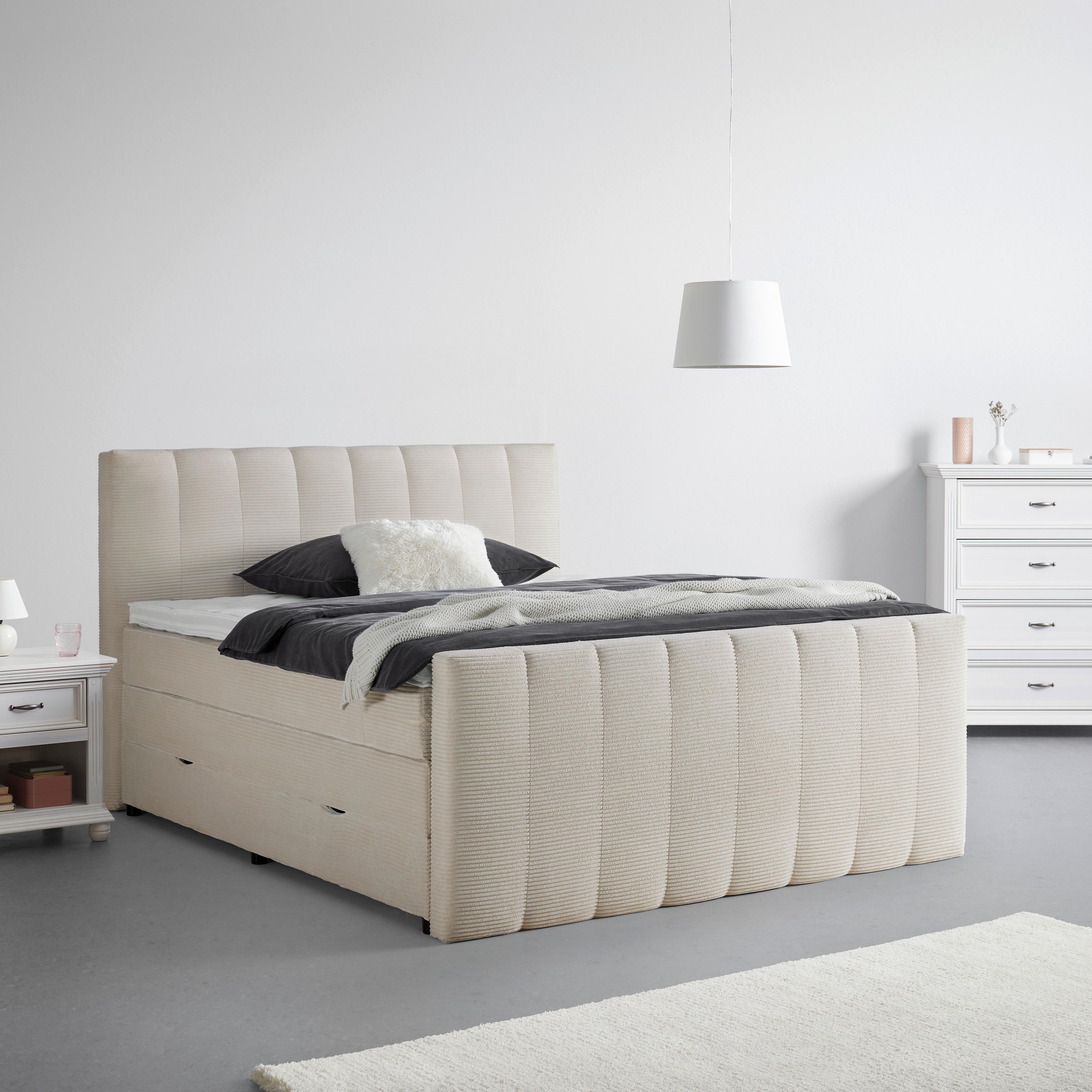 Boxspringbett Malaga Beige ca. 180x200cm - Beige/Silberfarben, KONVENTIONELL, Holzwerkstoff/Kunststoff (180/200cm) - Premium Living