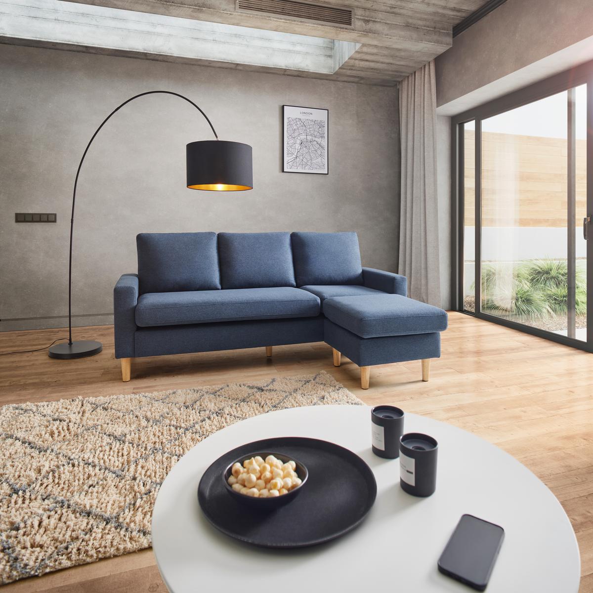 Wohnlandschaft Noemie Blau Webstoff - Blau/Naturfarben, MODERN, Holz/Textil (198/86/135cm) - Bessagi Home