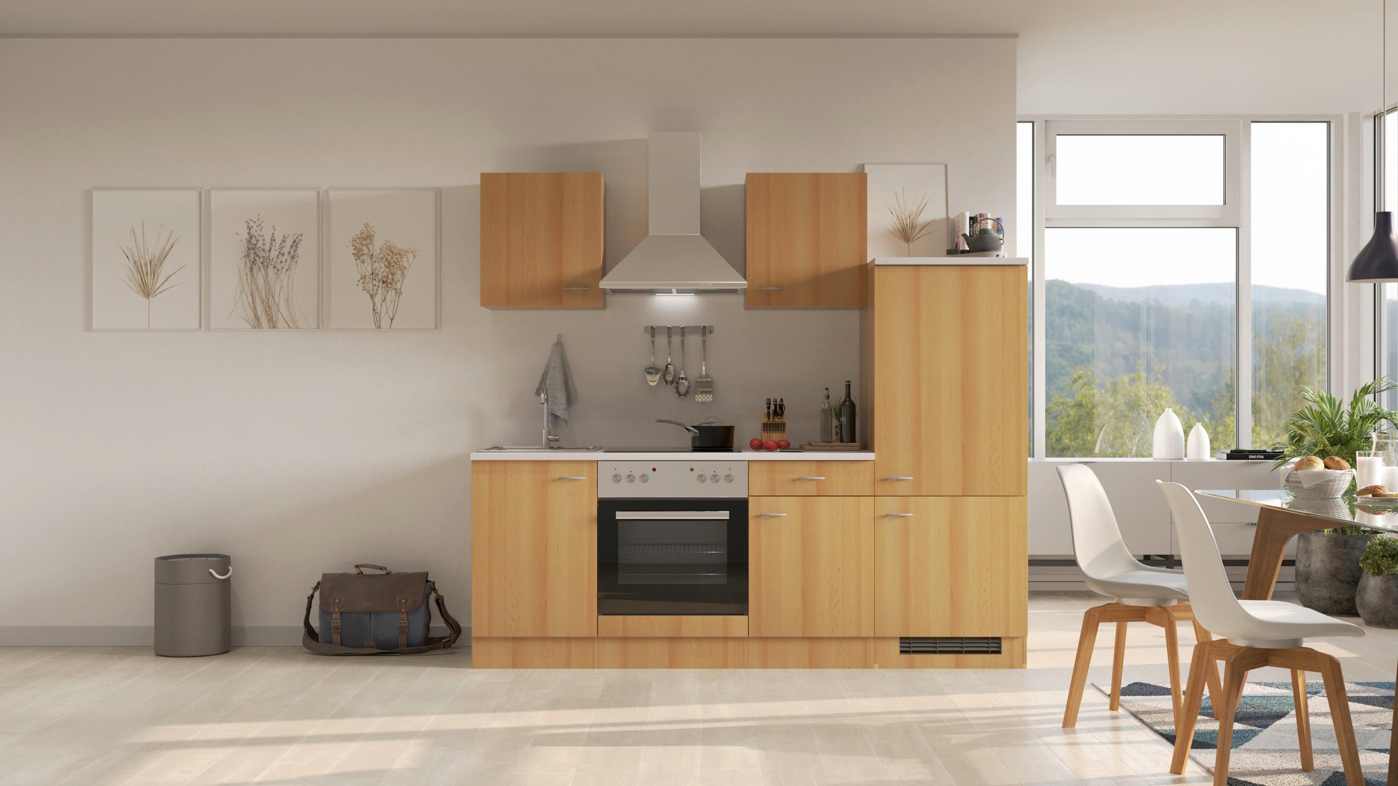 Küchenblock Nano mit Geräten ca. 220 cm Buchefarben - Edelstahlfarben/Beige, MODERN, Holzwerkstoff/Kunststoff (220cm) - FlexWell