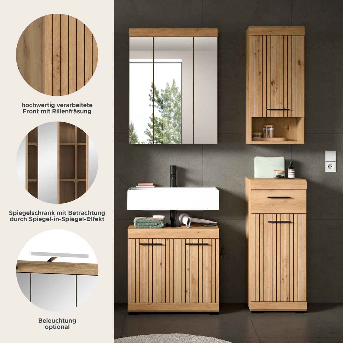Badezimmer Scout Eiche Artisan 4-teilig - Schwarz/Eiche Artisan, Trend, Glas/Holzwerkstoff (97cm) - MID.YOU