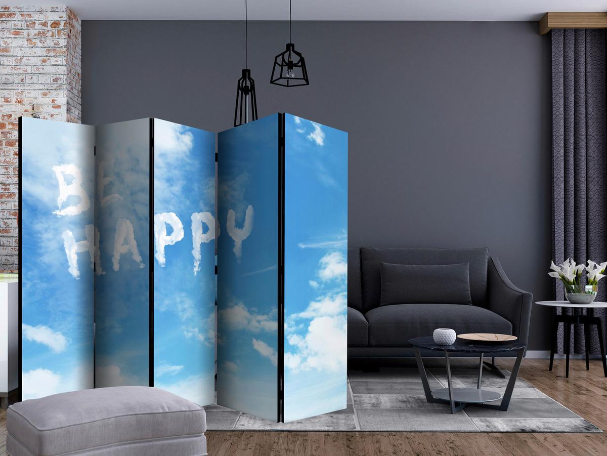 Paravan Be Happy I, 5-Delni, Dvostranski - svetlo modra/bela, Basics, tekstil/les (225/172/3cm) - artgeist