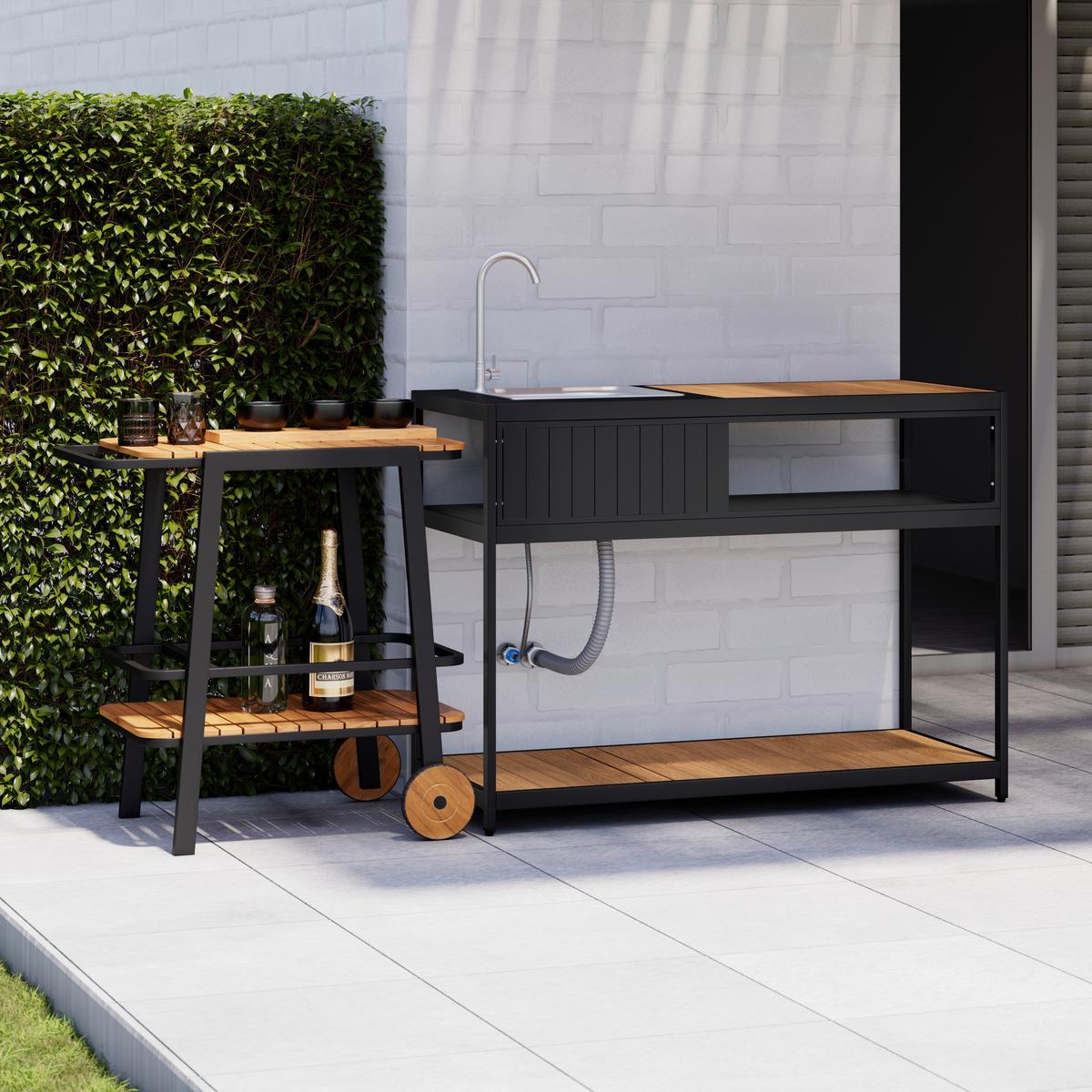 Outdoorküche Delia Schwarz /Naturfarben inkl. Abdeckung - Schwarz/Naturfarben, MODERN, Kunststoff/Metall (127/126/53,5cm) - Bessagi Garden
