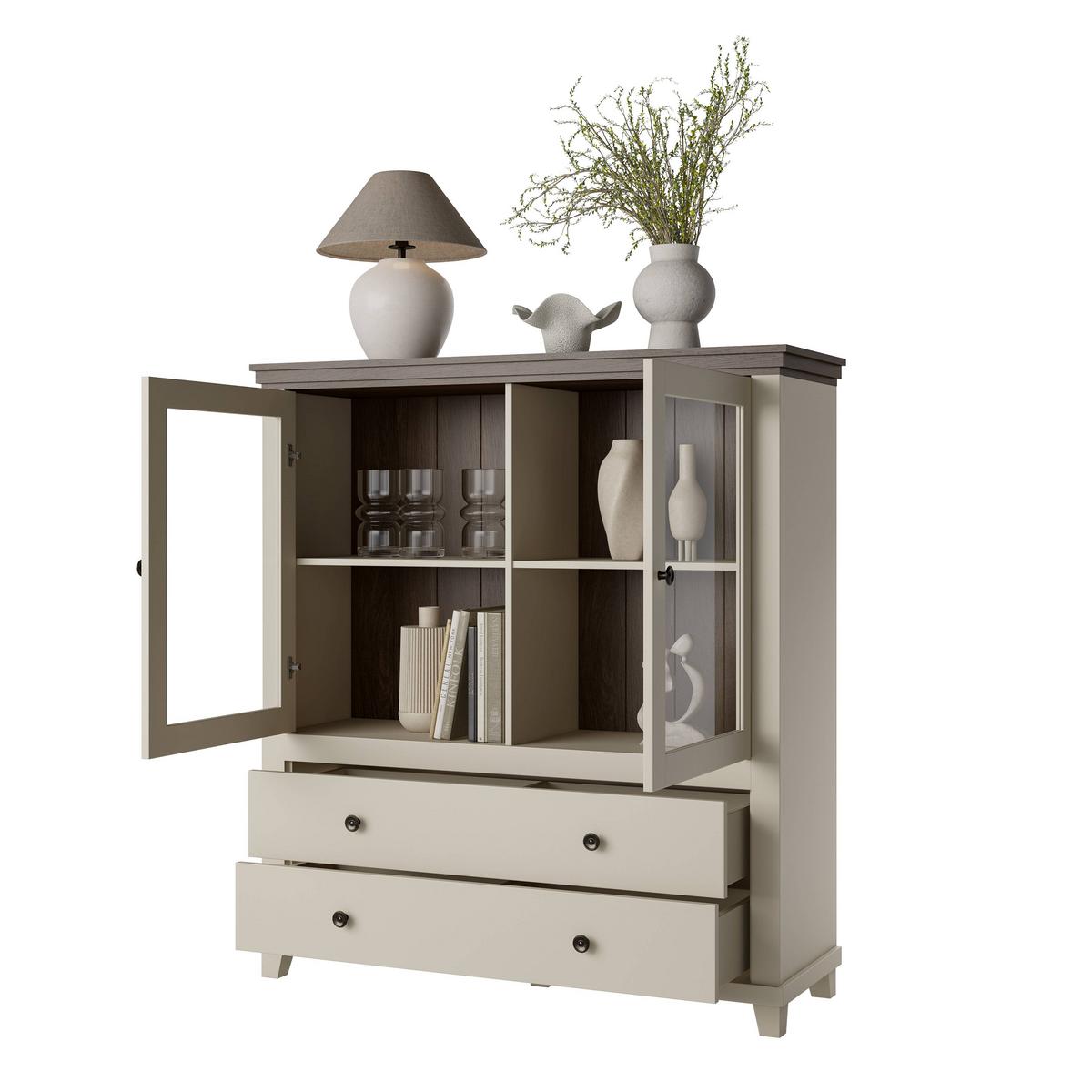 Félmagas Szekrény Evora - kasmírszínű/tölgyfa színű, Design, faalapú anyag/üveg (126/138/42cm)