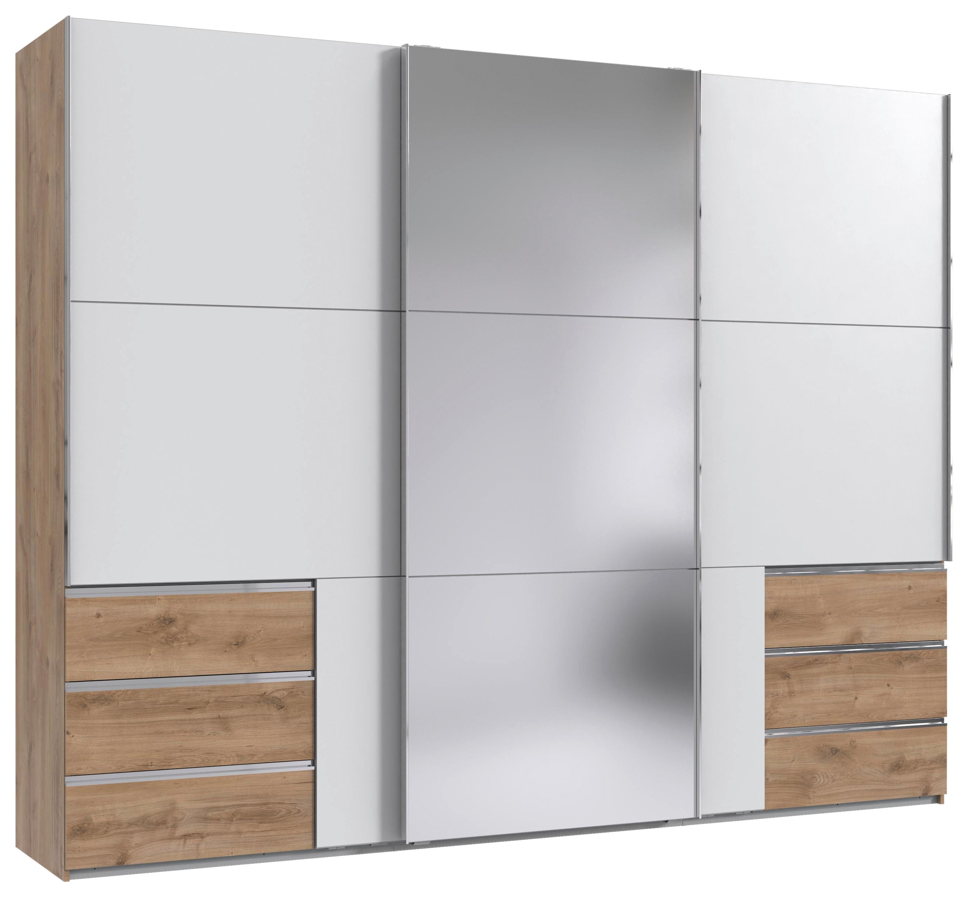 Schwebetürenschrank Level 36 Weiß/Plankeneiche - Chromfarben/Plankeneiche, MODERN, Holzwerkstoff (300/236/65cm) - MID.YOU