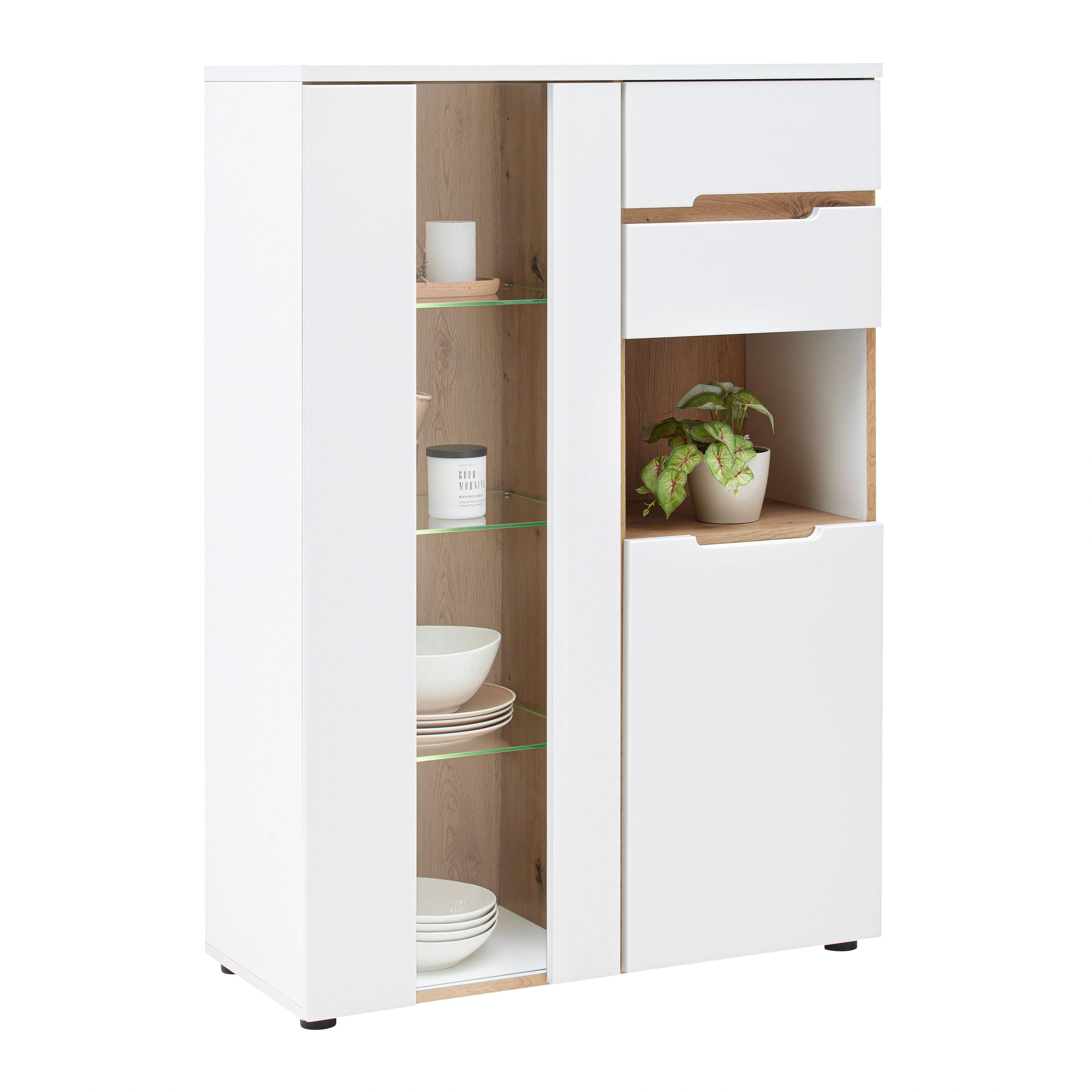 Vitrine Dallas Weiss/Eiche Artisan - Weiss/Schwarz, Modern, Holzwerkstoff (85/127/38cm) - Premium Living