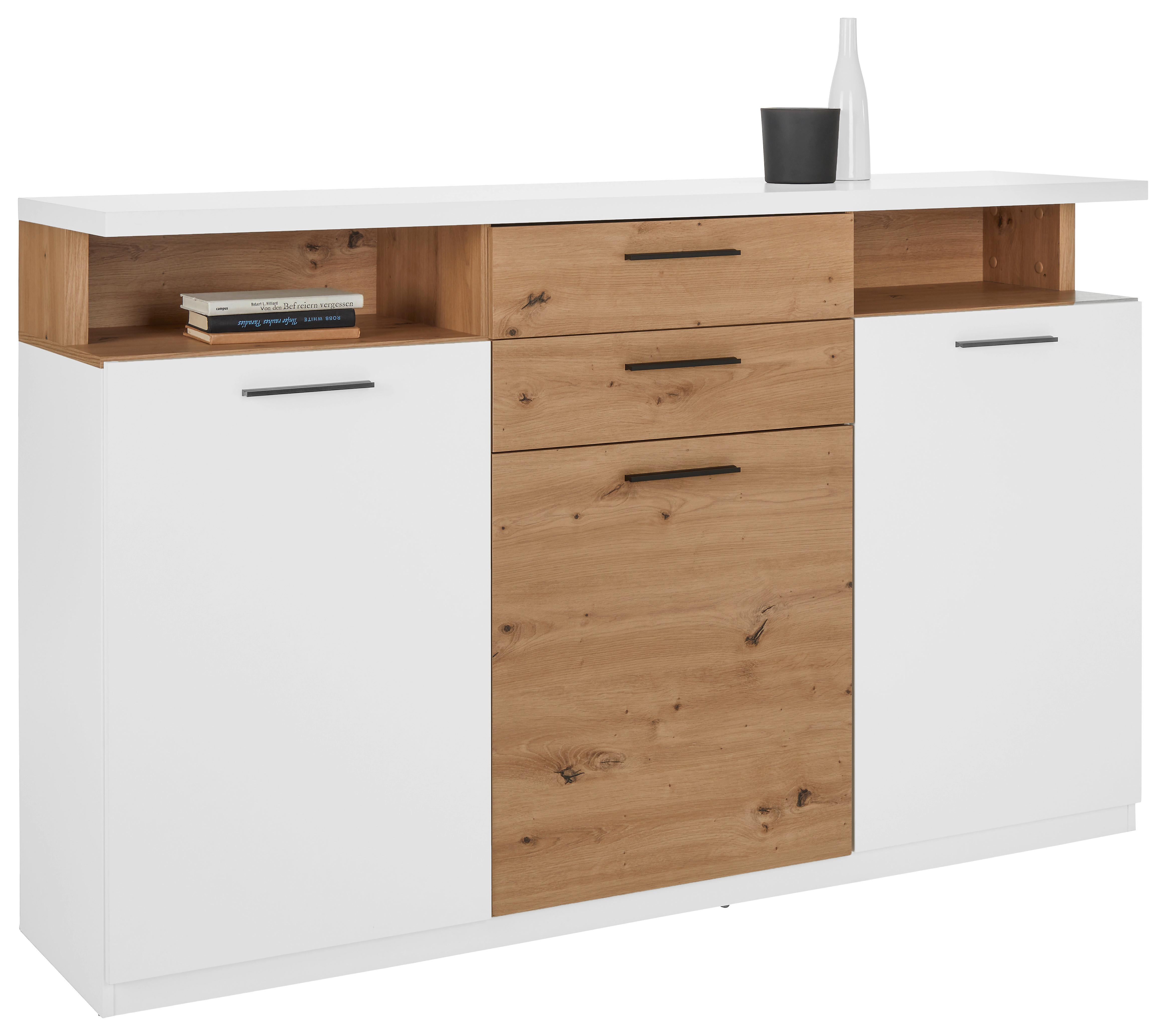 Comodă cu uși WOY - alb/culoare lemn stejar, Modern, plastic/metal (169,6/106,5/42cm) - Modern Living