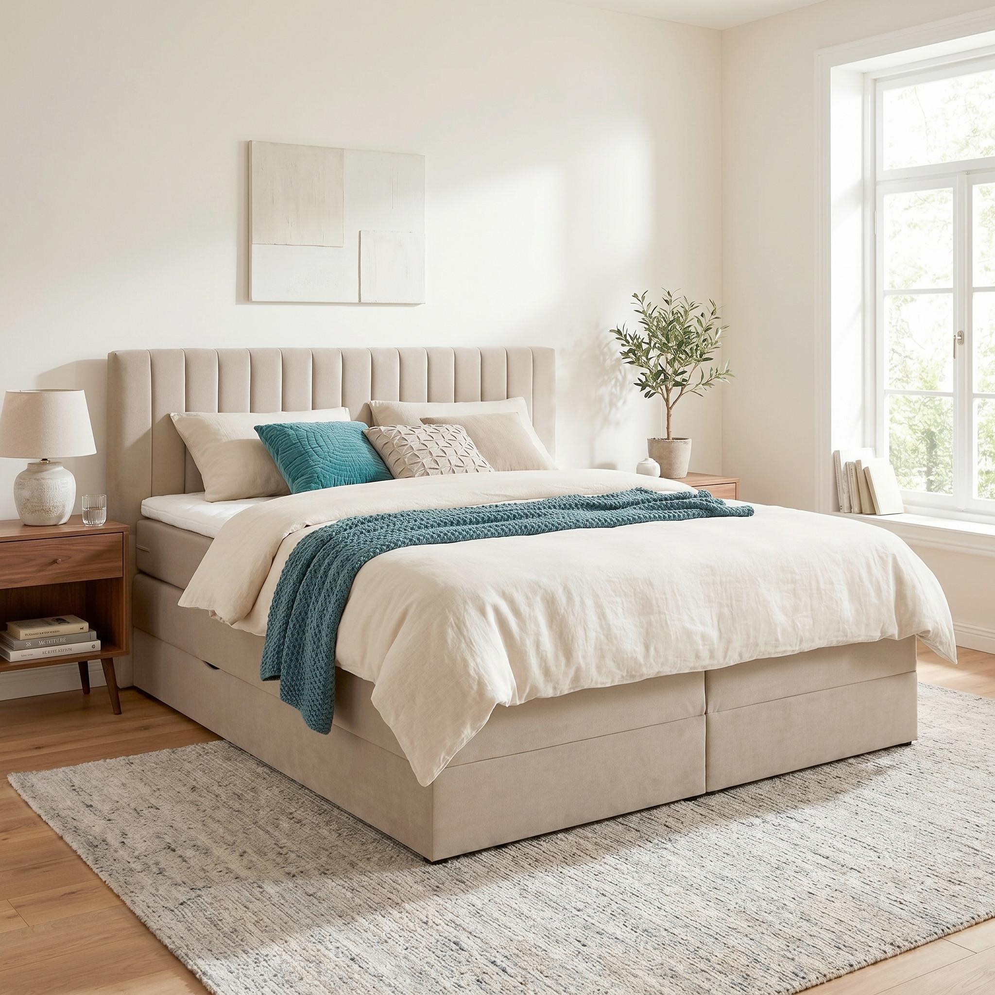 Boxspringbett Simon Beige ca. 180x200cm - Beige/Schwarz, KONVENTIONELL, Holz/Kunststoff (180/200cm) - Premium Living