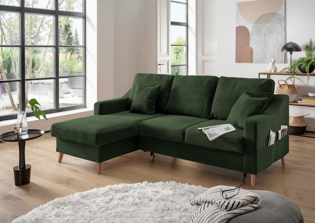 Ecksofa Valentina Dunkelgrün Cord - Dunkelgrün/Naturfarben, Design, Holz/Textil (150/228cm) - P & B