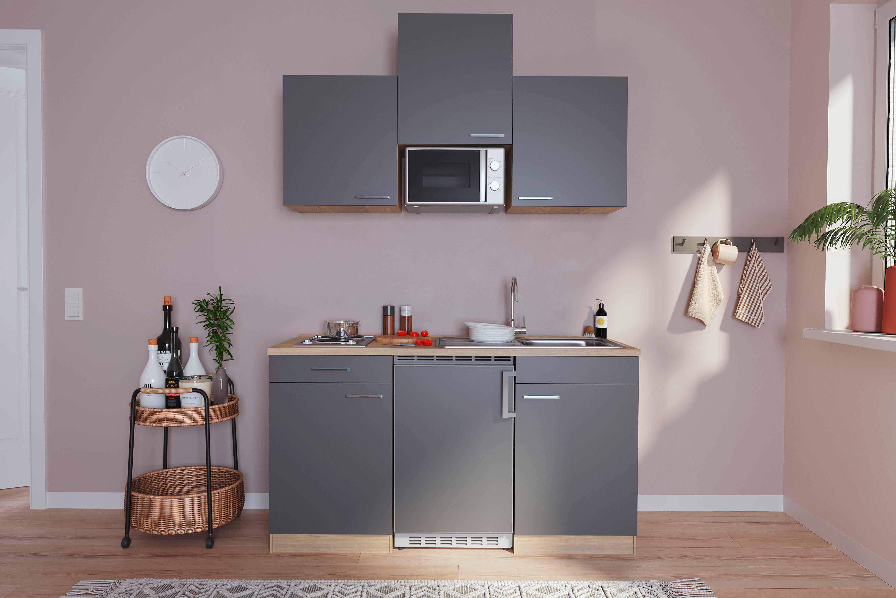 Miniküche Economy m. Geräten B: ca. 150cm Grau/Eichefarben - Eichefarben/Grau, Basics, Holzwerkstoff (150cm) - Respekta