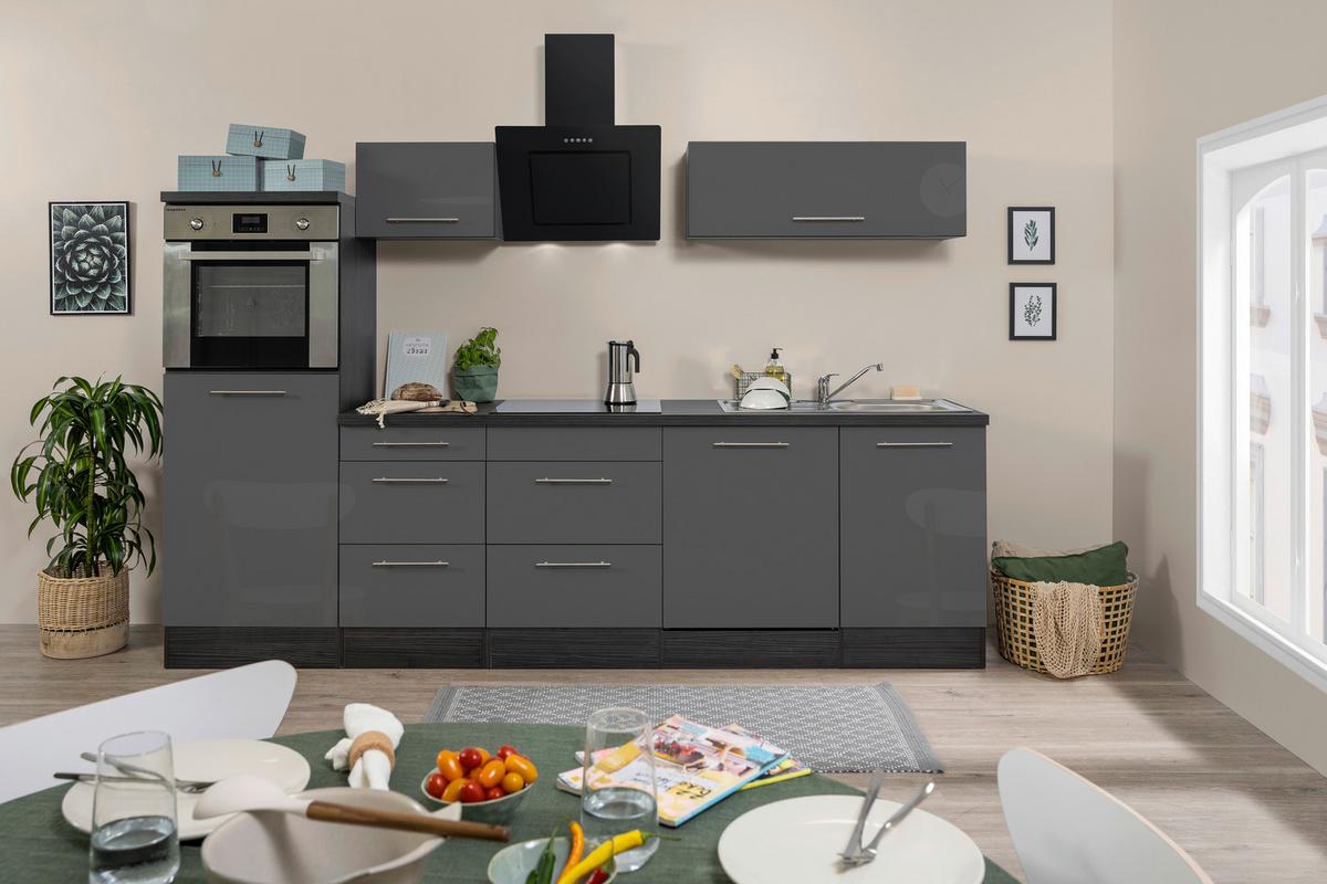 Küchenzeile mit Geräte Grau Hochglanz B: ca. 280 cm - Edelstahlfarben/Eichefarben, Basics, Holzwerkstoff/Metall (280cm) - Respekta