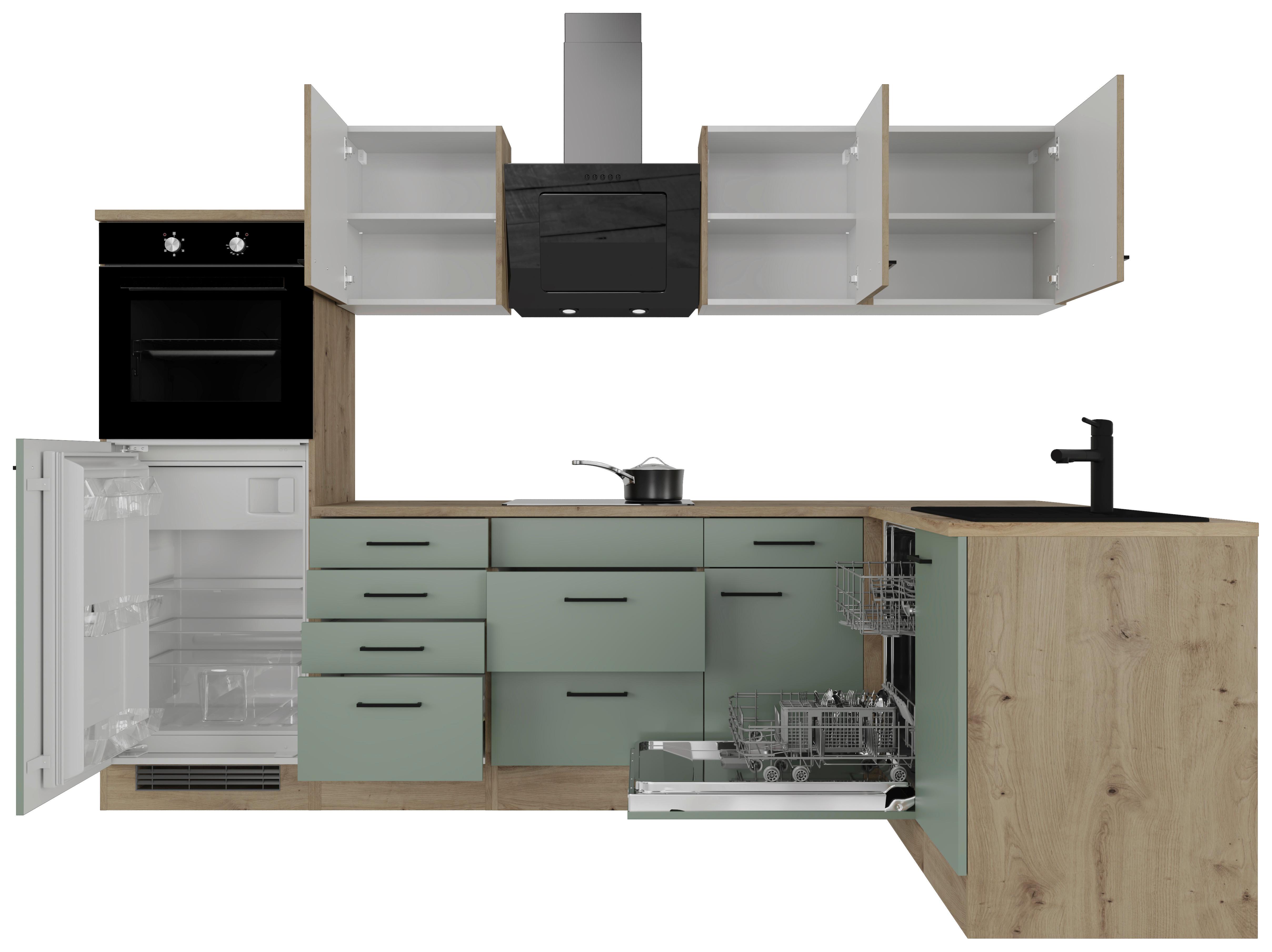 Eckküche Cara mit Geräten ca. 280x170 cm Grün/Eiche - Schilfgrün/Schwarz, Basics, Holzwerkstoff/Metall (280/170cm) - FlexWell