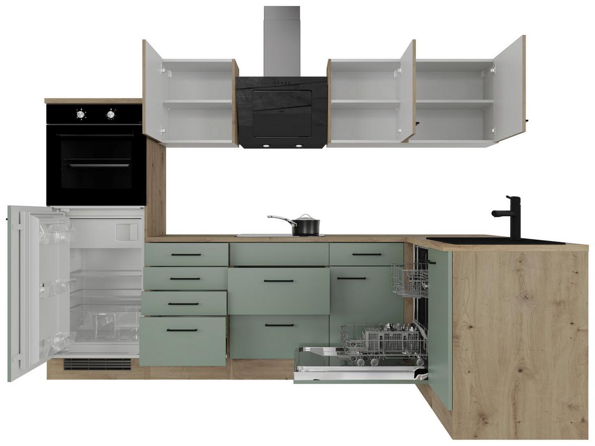 Eckküche Cara mit Geräten ca. 280x170 cm Grün/Eiche - Schilfgrün/Schwarz, Basics, Holzwerkstoff/Metall (280/170cm) - FlexWell