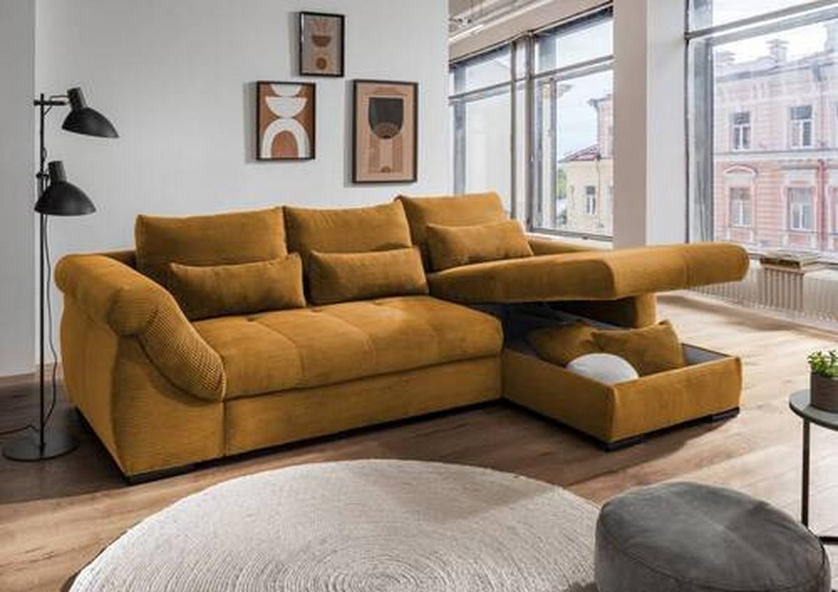 Wohnlandschaft Frederico Goldfarben Cord - Goldfarben/Schwarz, MODERN, Holz/Textil (302/188cm) - MID.YOU