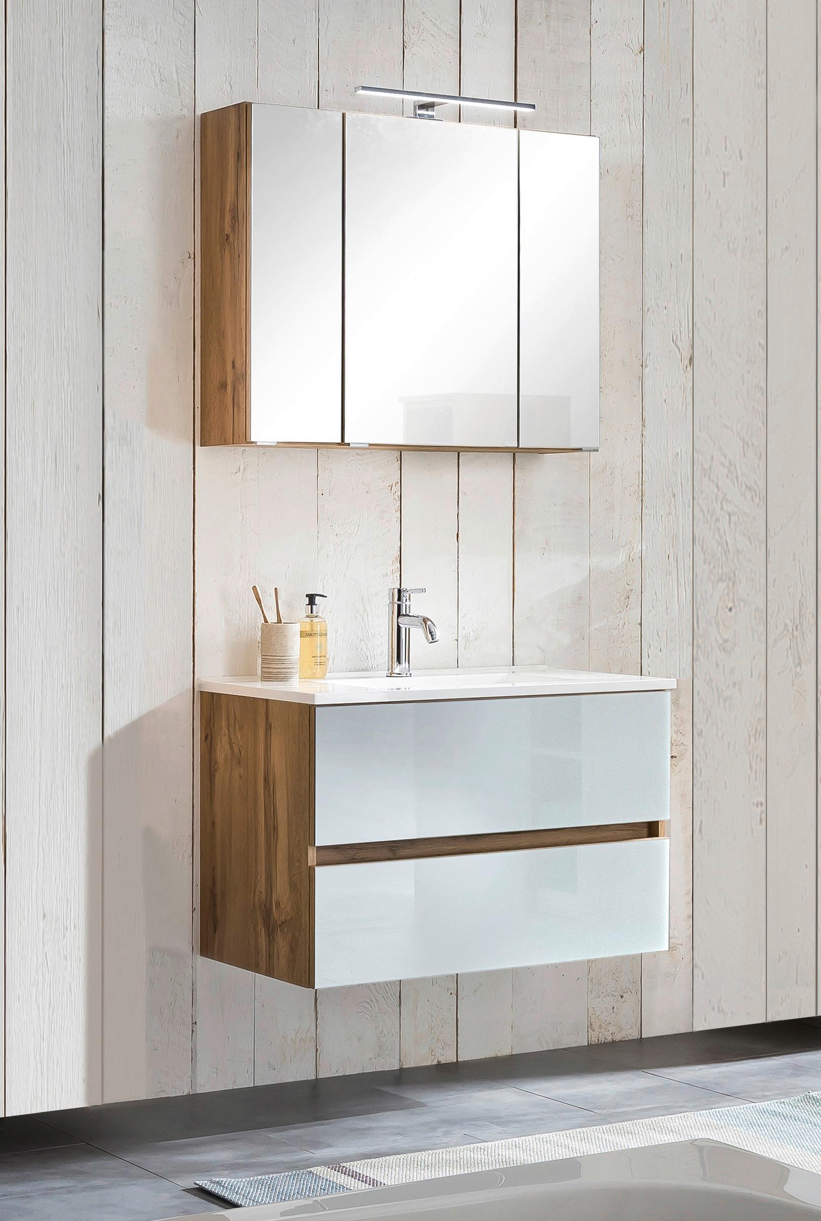 Badezimmer ''Helsinki'', Weiß/Eichefarben - Eichefarben/Weiß, KONVENTIONELL, Glas/Holzwerkstoff (80cm) - Held