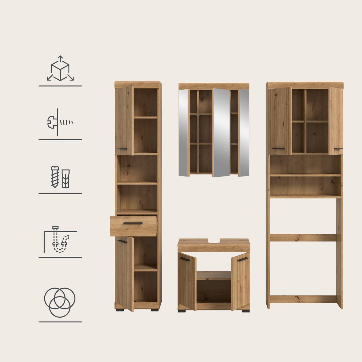 Badezimmer Scout Eiche Artisan 4-teilig - Schwarz/Eiche Artisan, Trend, Glas/Holzwerkstoff (160cm) - MID.YOU